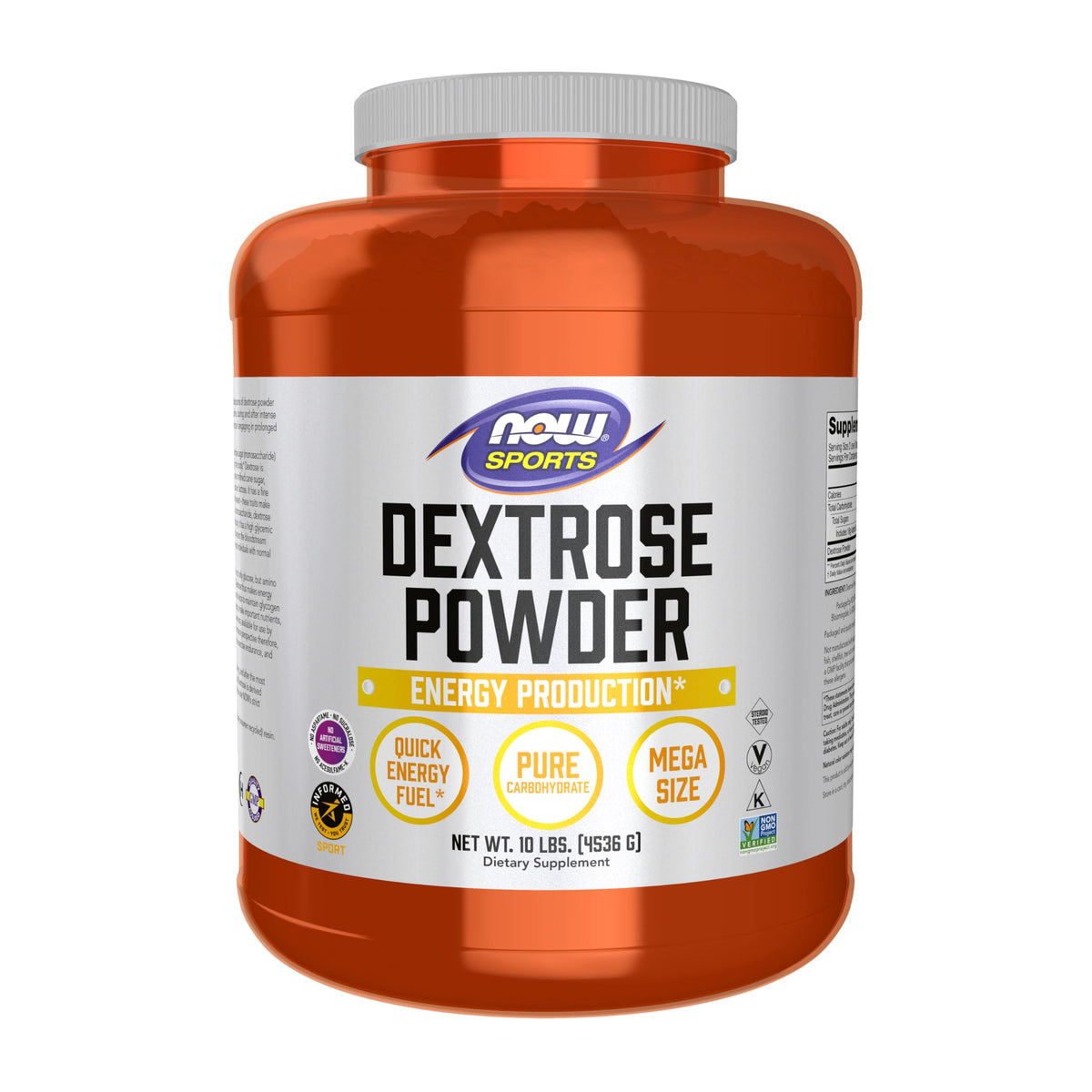 NOW Foods dextrose frontal del envase mostrando presentación 10 lb y claridad