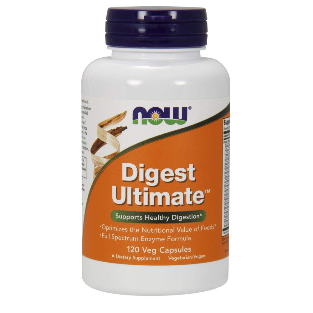 NOW Foods frasco frontal de Digest Ultimate mostrando tamaño y marca, claridad de elección