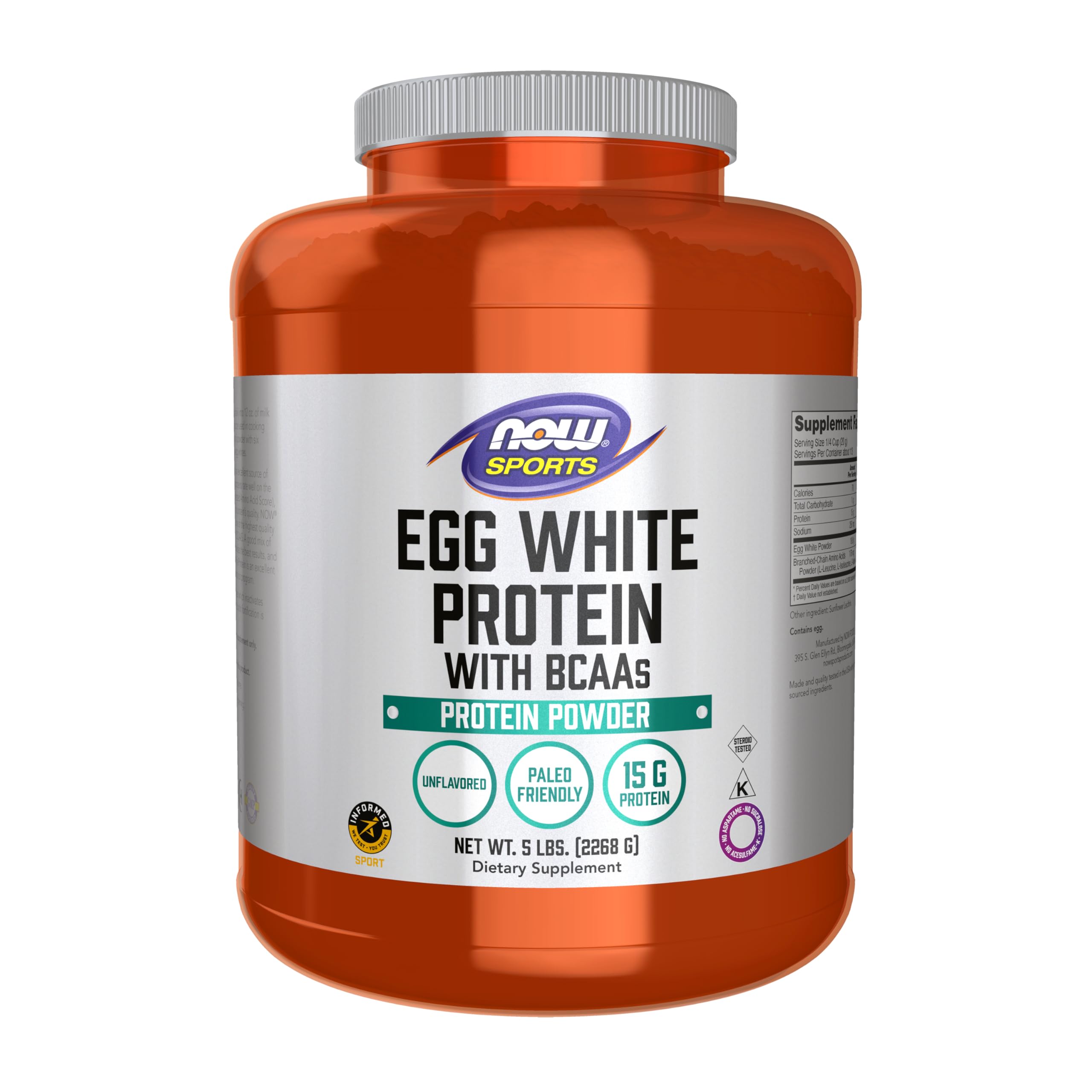 Now Foods empaque frontal muestra polvo de clara de huevo, confianza y pureza
