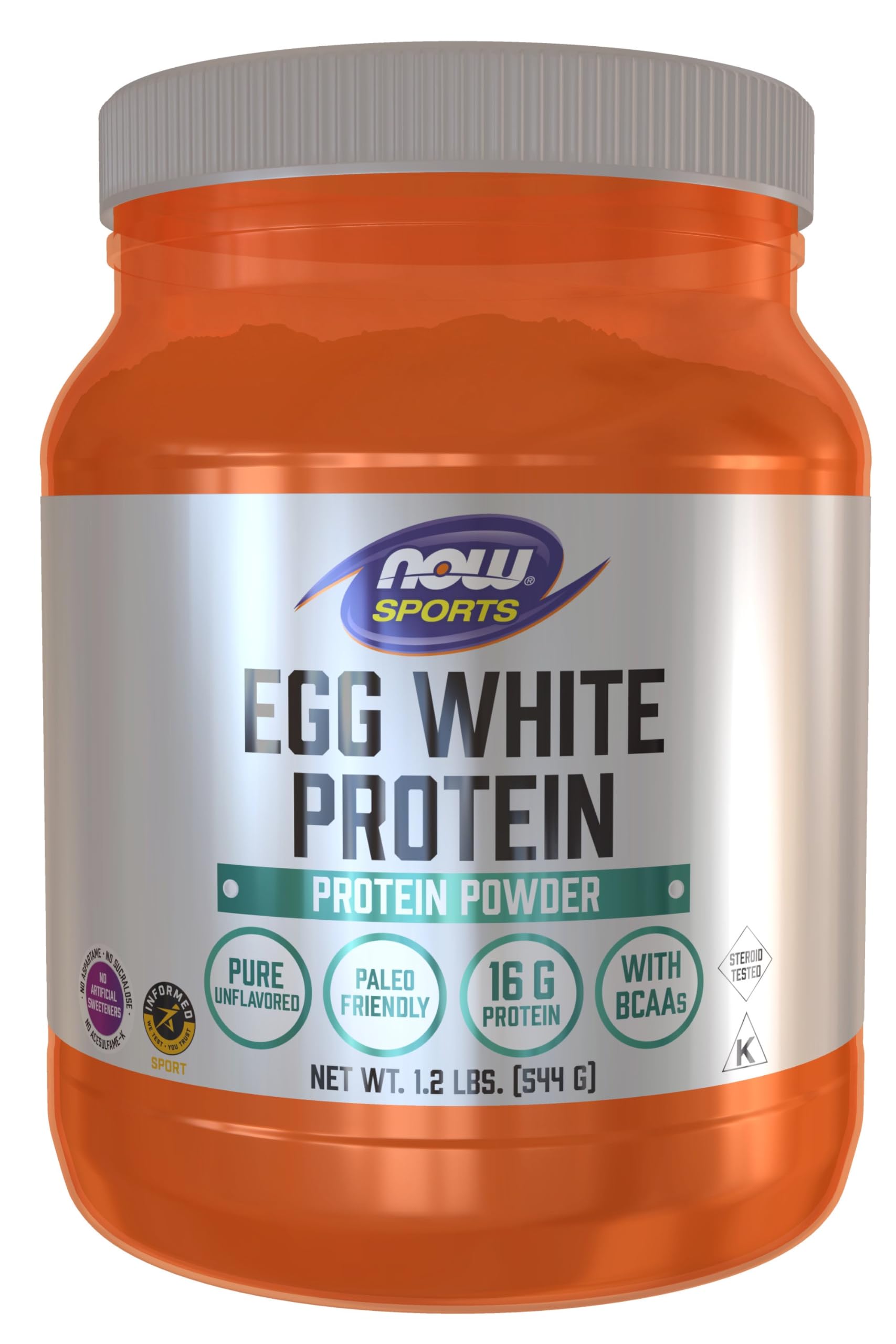 NOW Foods envase frontal de EggWhite Protein Powder mostrando etiqueta y peso, proteína magra