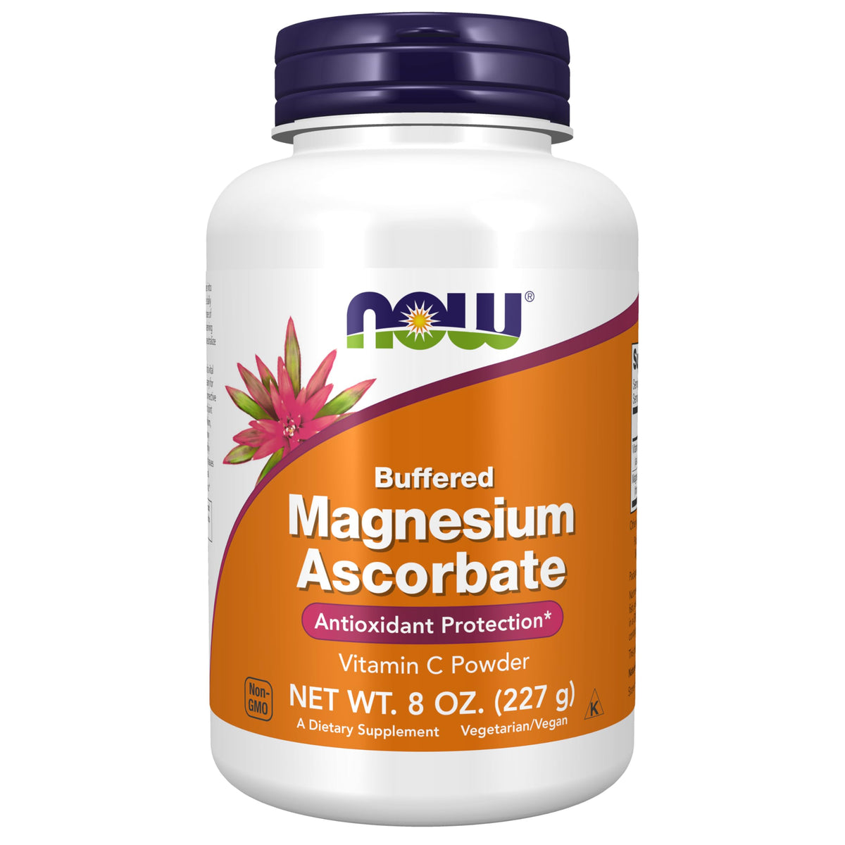 NOW Foods envase frontal del polvo de magnesio ascorbato mostrando marca y beneficio