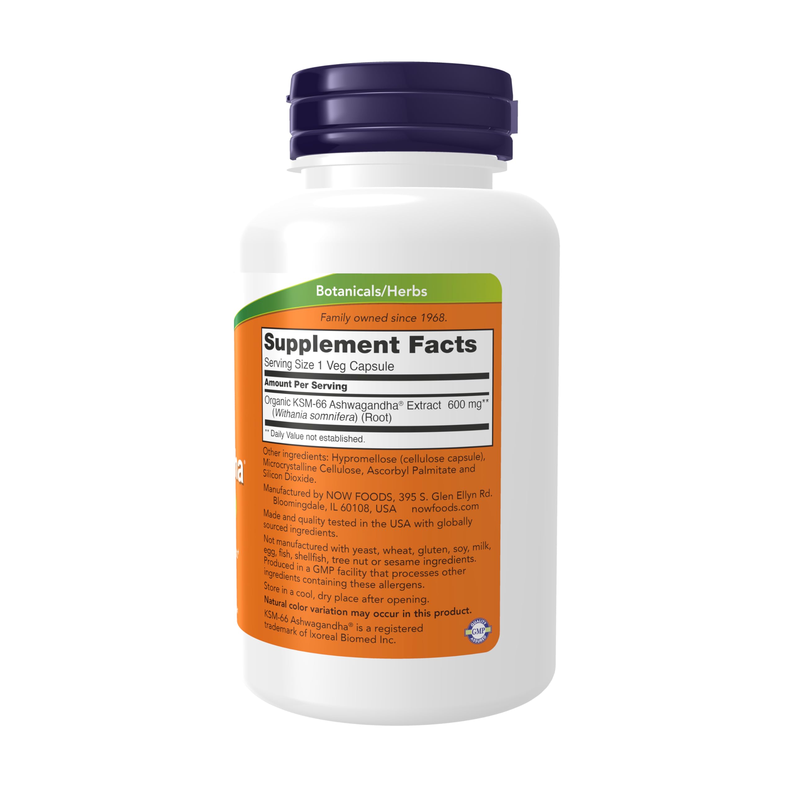 NOW Foods detalle de etiqueta KSM-66 enfocando dosificación y calidad GMP