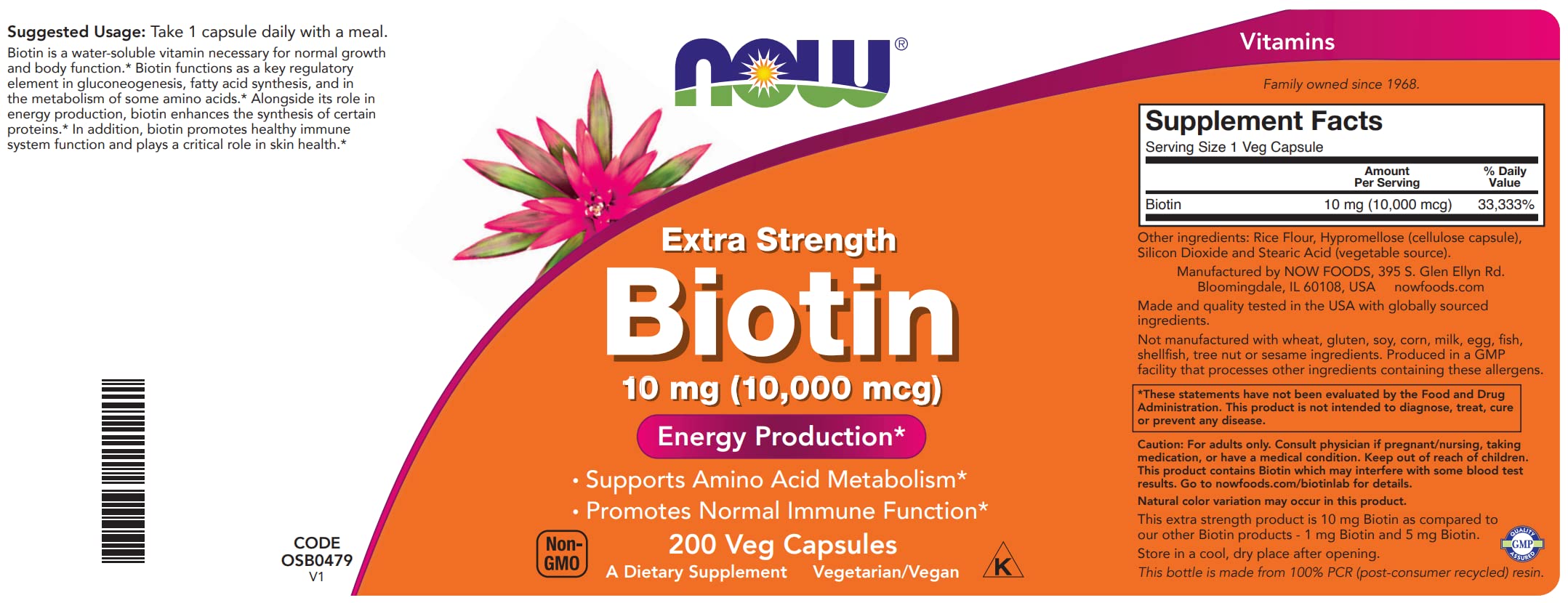 NOW Foods etiqueta con información nutricional clara y garantía de calidad