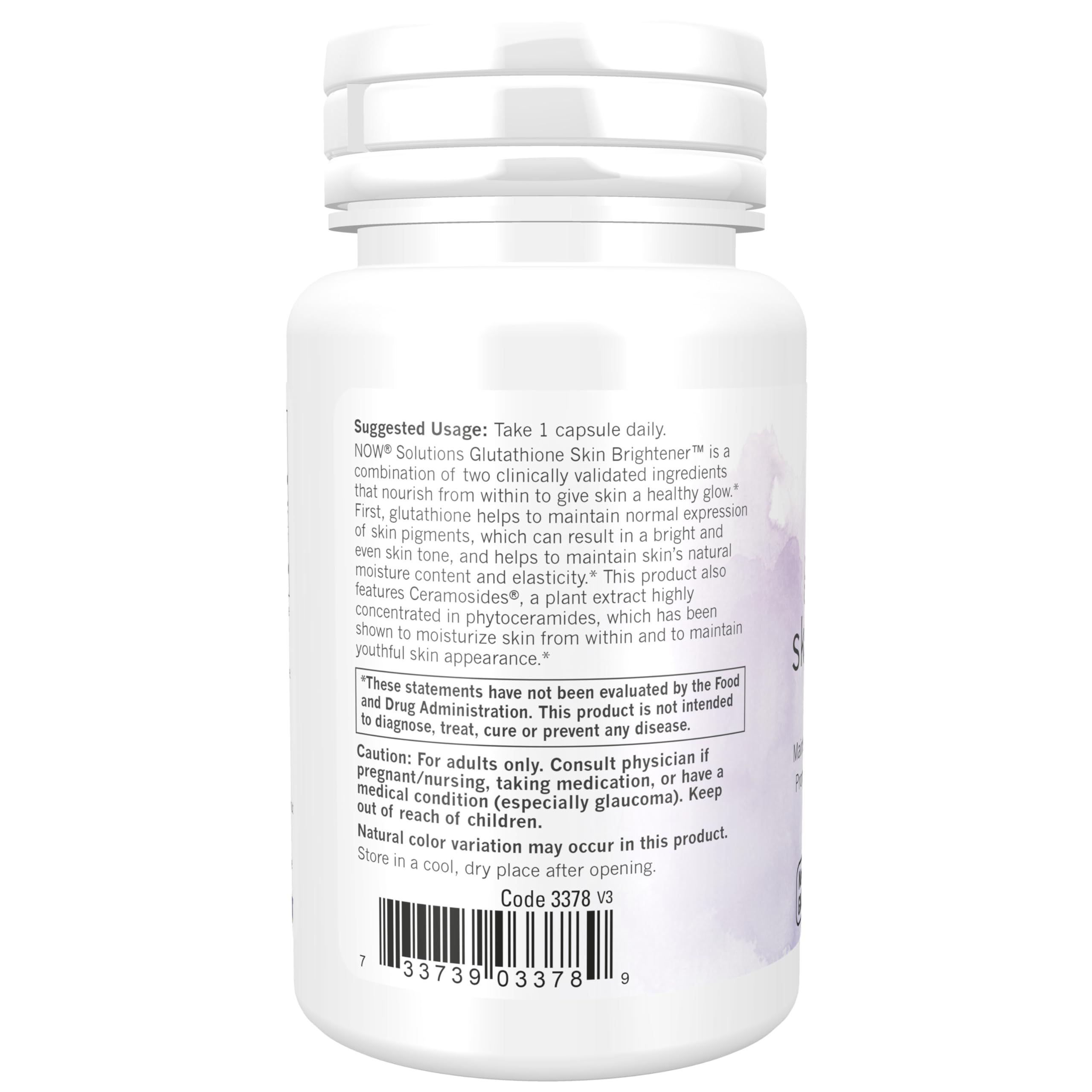 NOW Foods etiqueta de ingredientes destacando ceramosides y glutathione