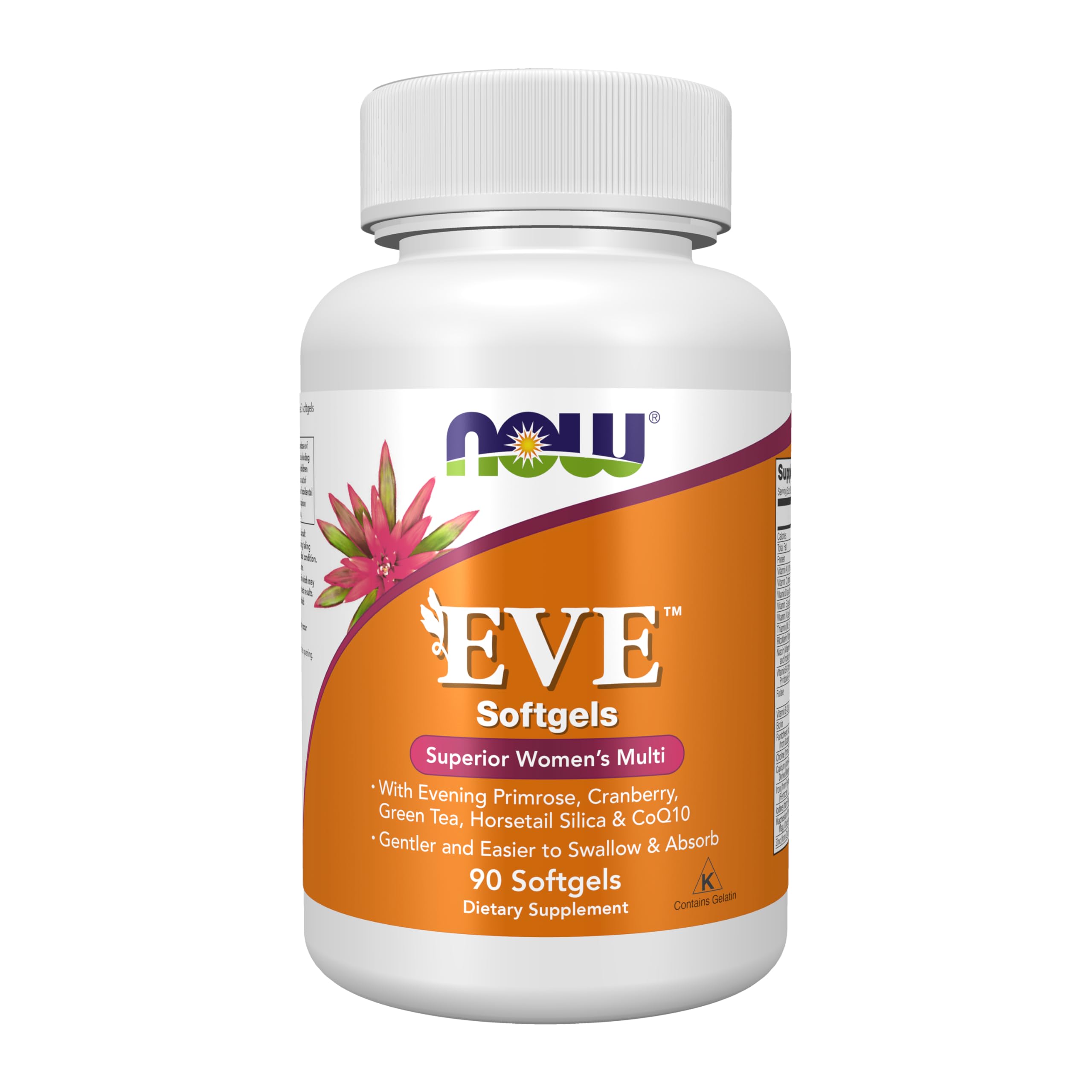 NOW Foods envase frontal mostrando 90 softgels y beneficios de fácil ingestión