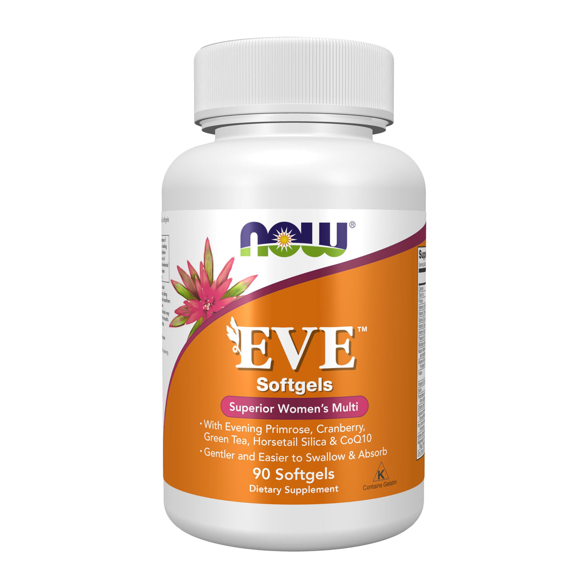 NOW Foods envase frontal mostrando 90 softgels y beneficios de fácil ingestión