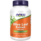 NOW Foods frasco frontal del extracto de hoja de olivo con etiqueta clara