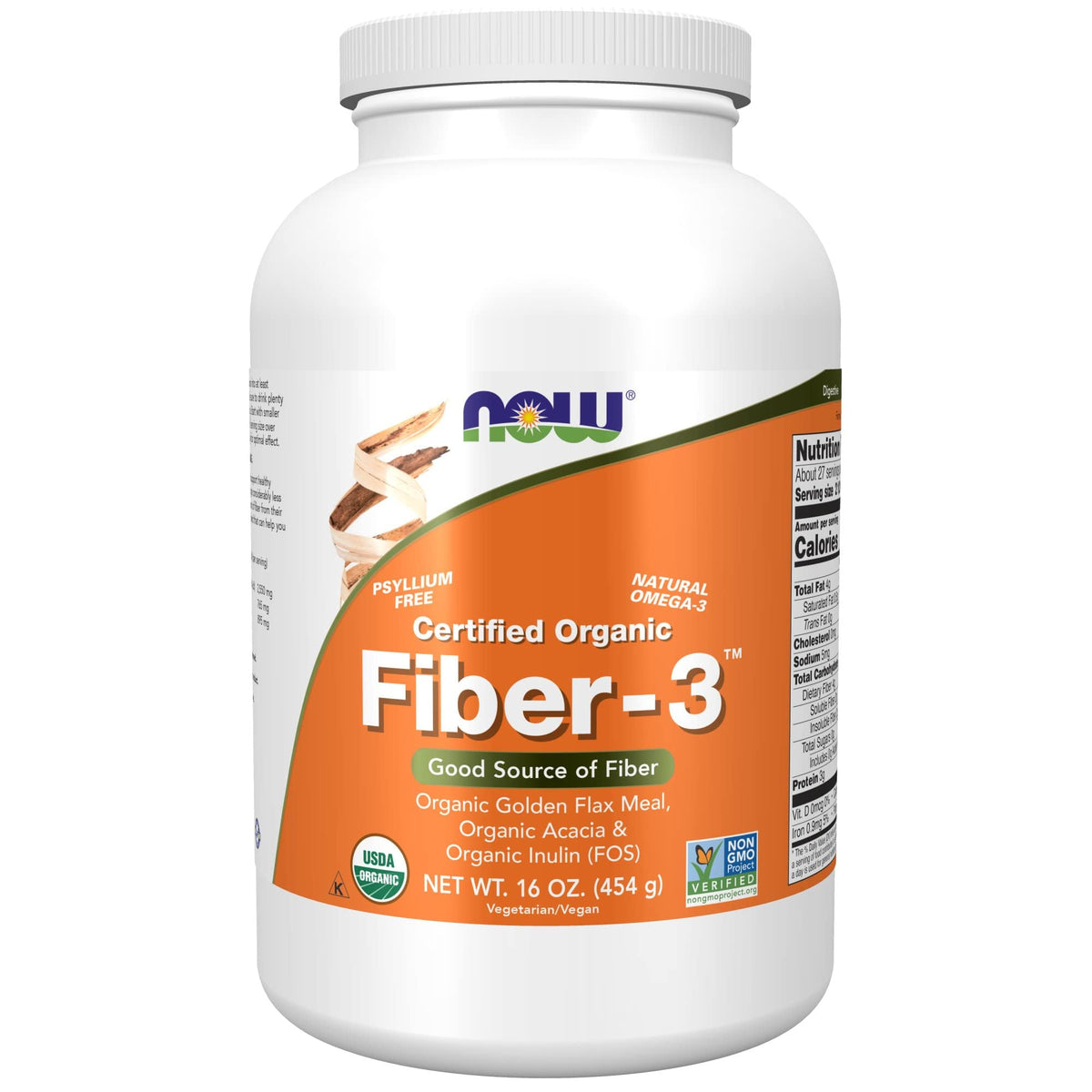 NOW Foods frente del empaque mostrando calidad orgánica y sin psyllium