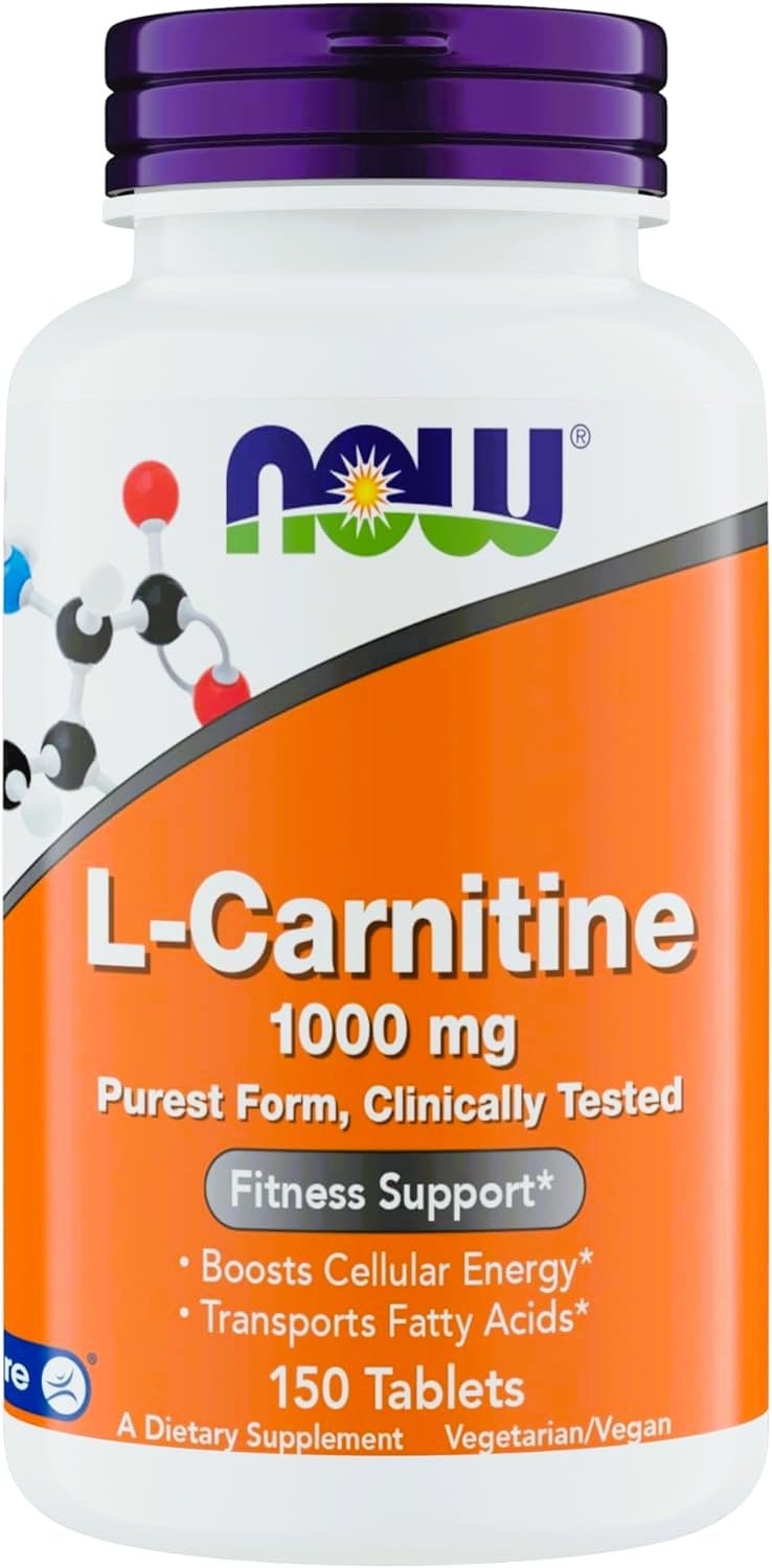 NOW Foods frasco delantero de L‑Carnitina mostrando la etiqueta y beneficio de pureza