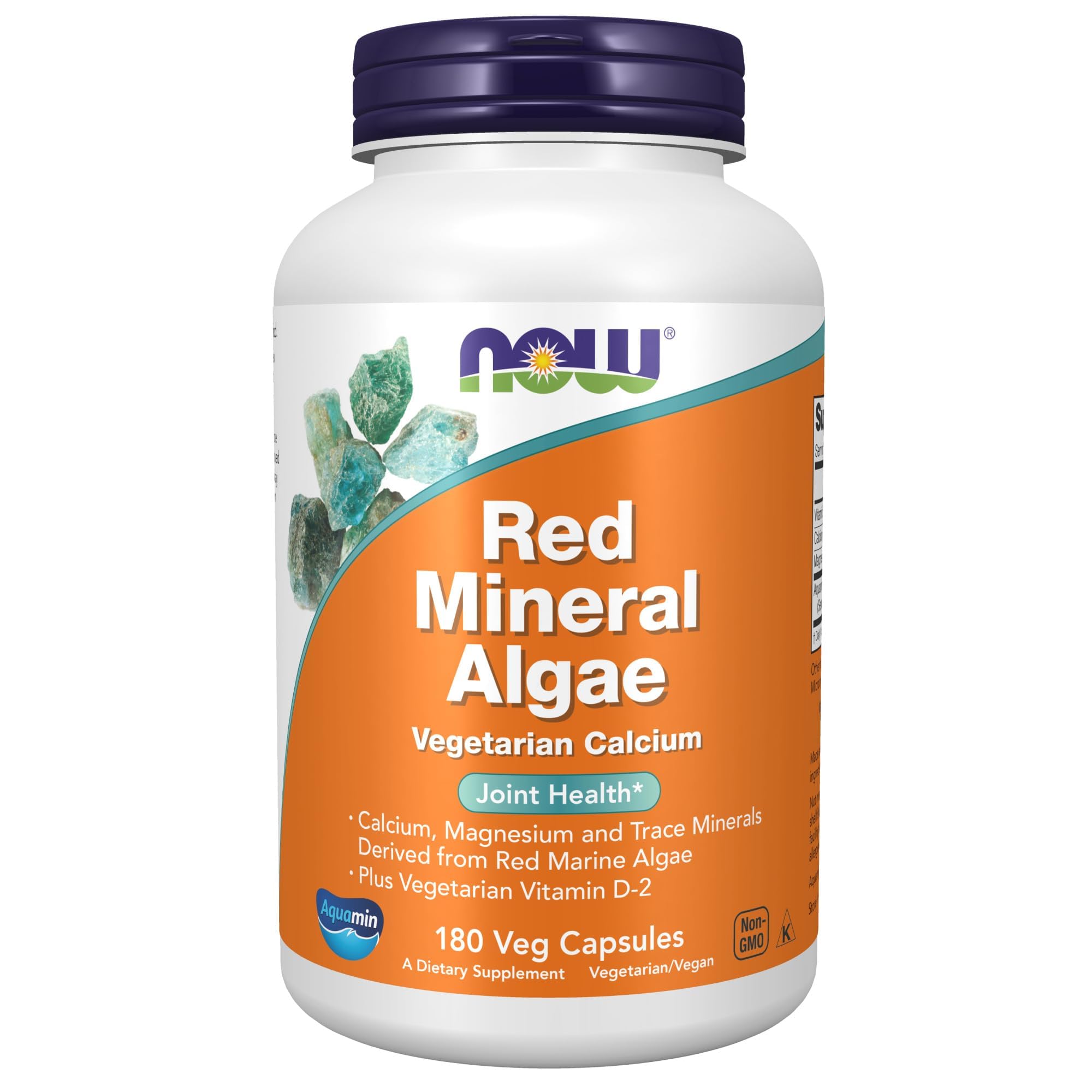 NOW Foods frasco frontal de Aquamin® D-2 mostrando cápsulas vegetales y beneficios