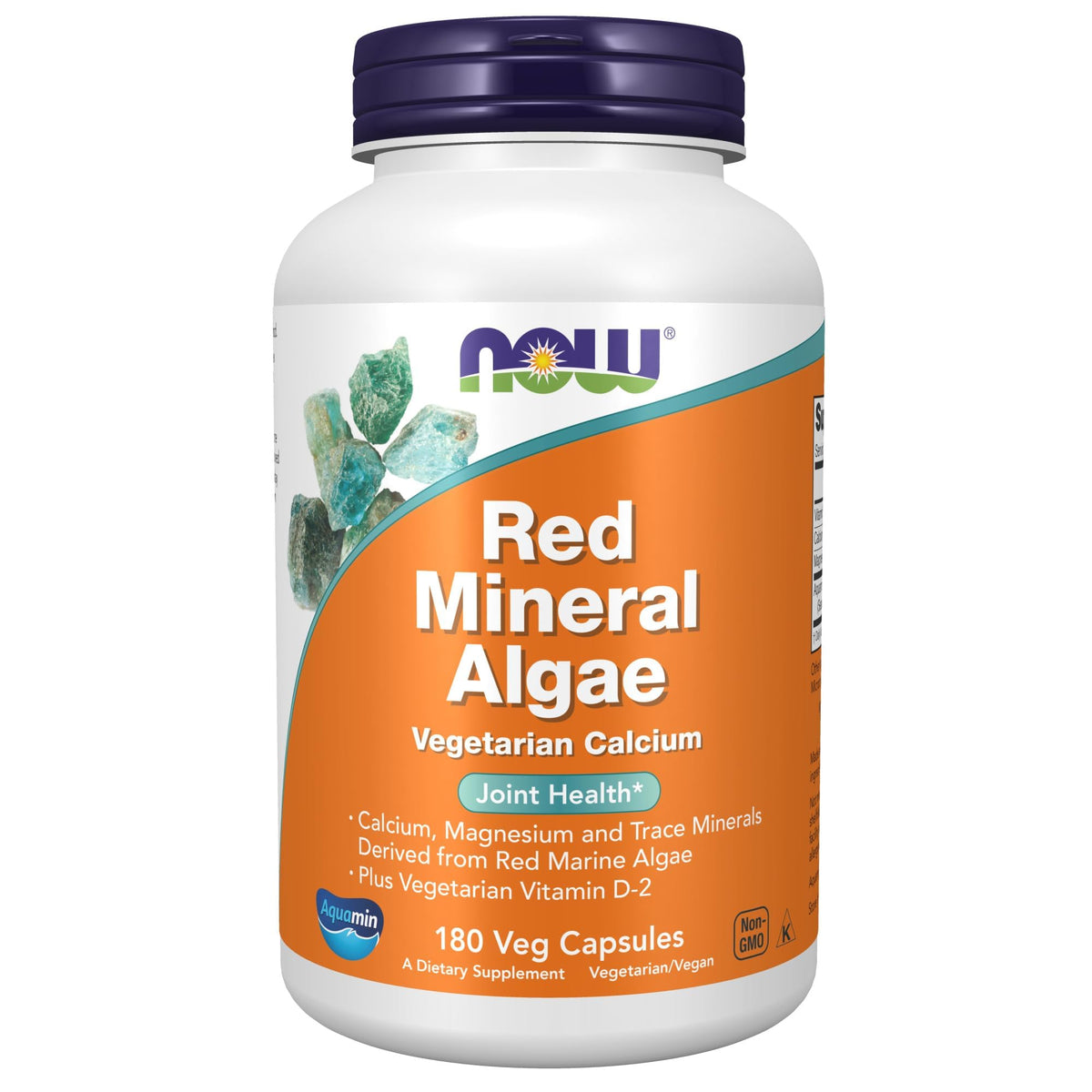NOW Foods frasco frontal de Aquamin® D-2 mostrando cápsulas vegetales y beneficios