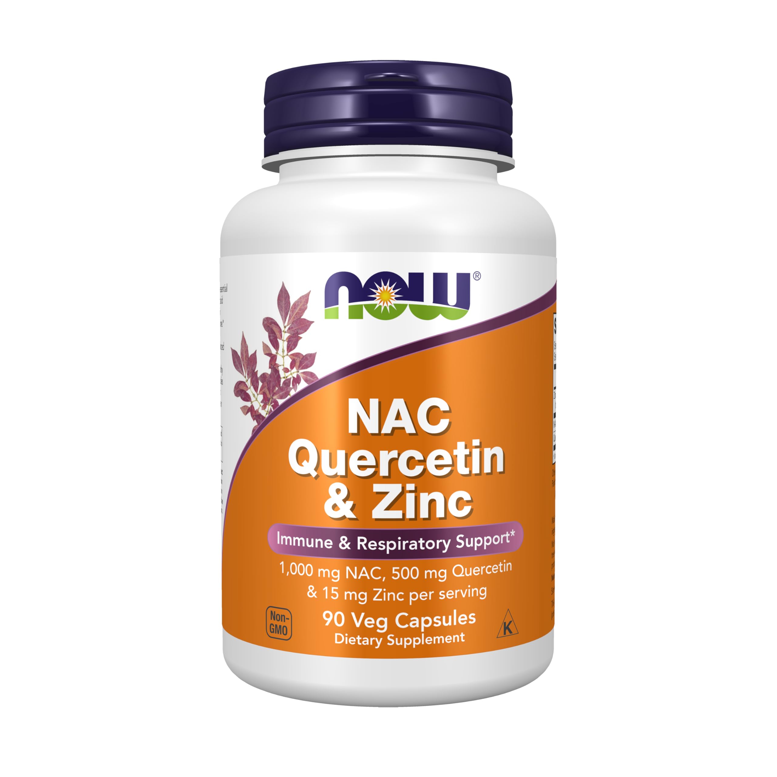 NOW Foods frasco frontal del suplemento NAC quercetina zinc muestra dosis clara
