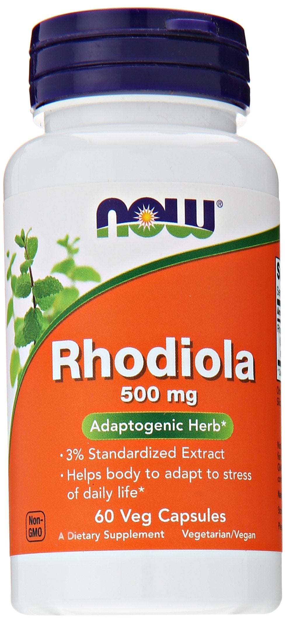 NOW Foods frasco frontal Rhodiola Rosea 500 mg mostrando etiqueta clara y beneficios