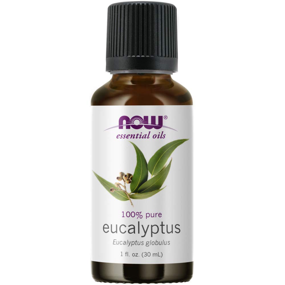 NOW Foods frascos con etiquetas legibles mostrando lavanda eucalipto menta