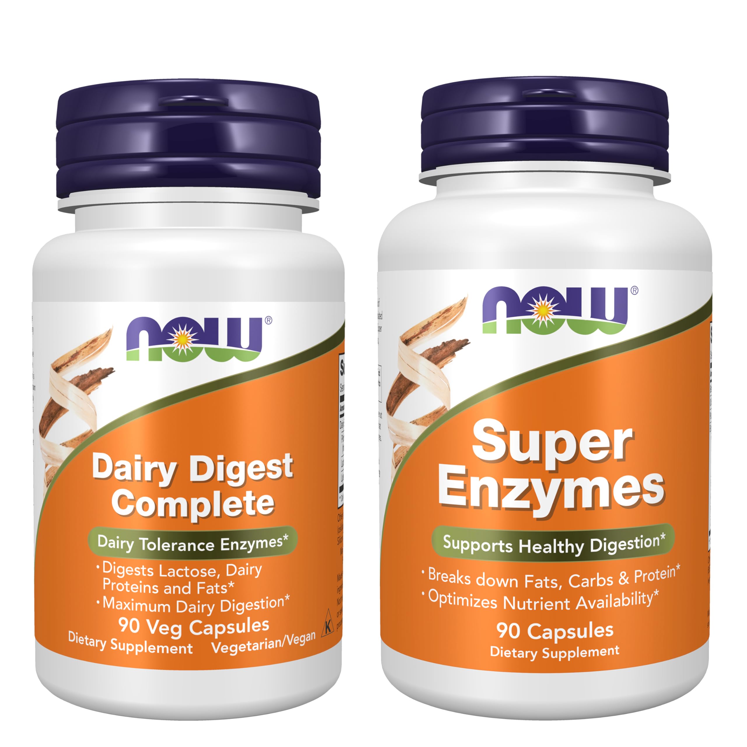 NOW Foods frascos frontales del pack mostrando las dos fórmulas y beneficios de digestión