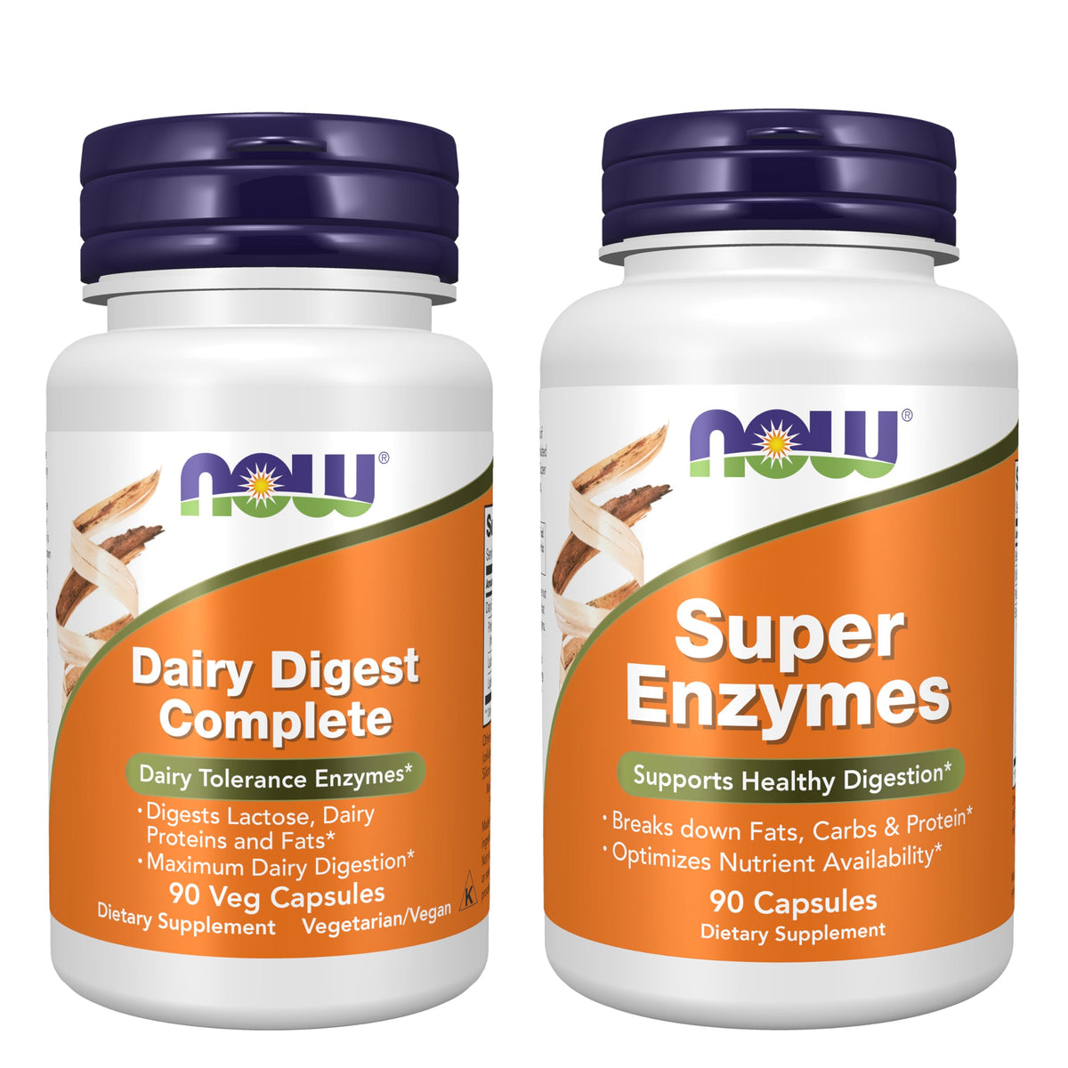 NOW Foods frascos frontales del pack mostrando las dos fórmulas y beneficios de digestión