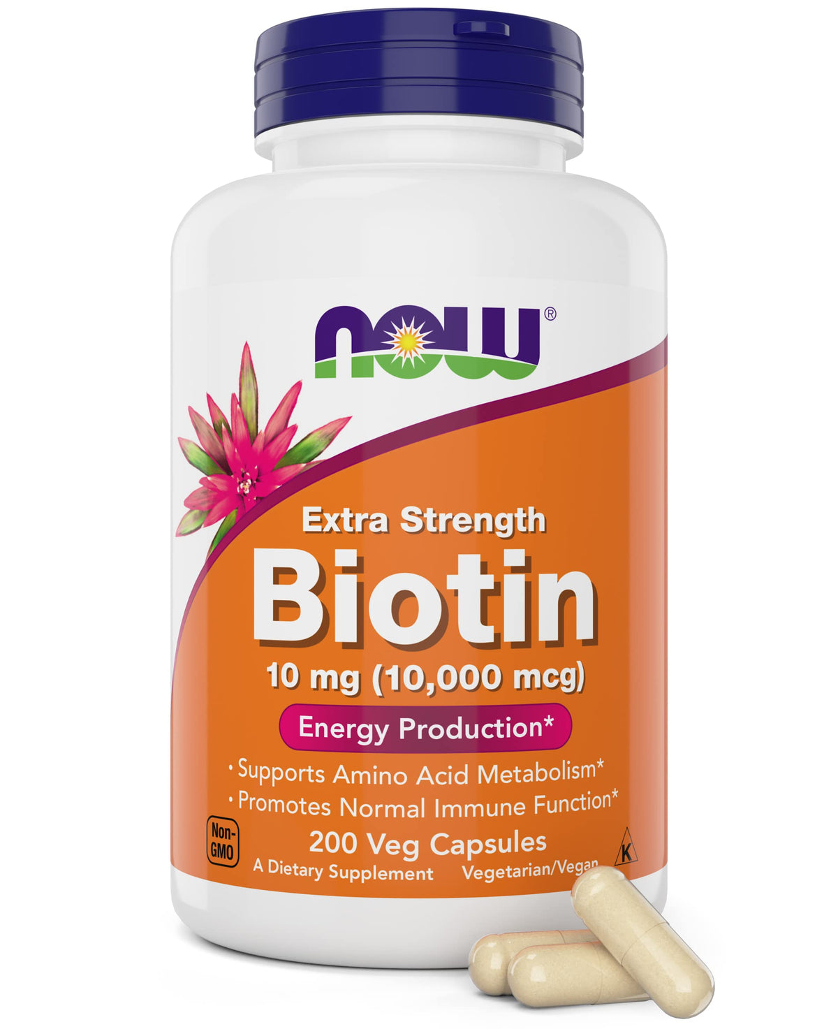 NOW Foods frasco frontal mostrando etiqueta y beneficio de biotina