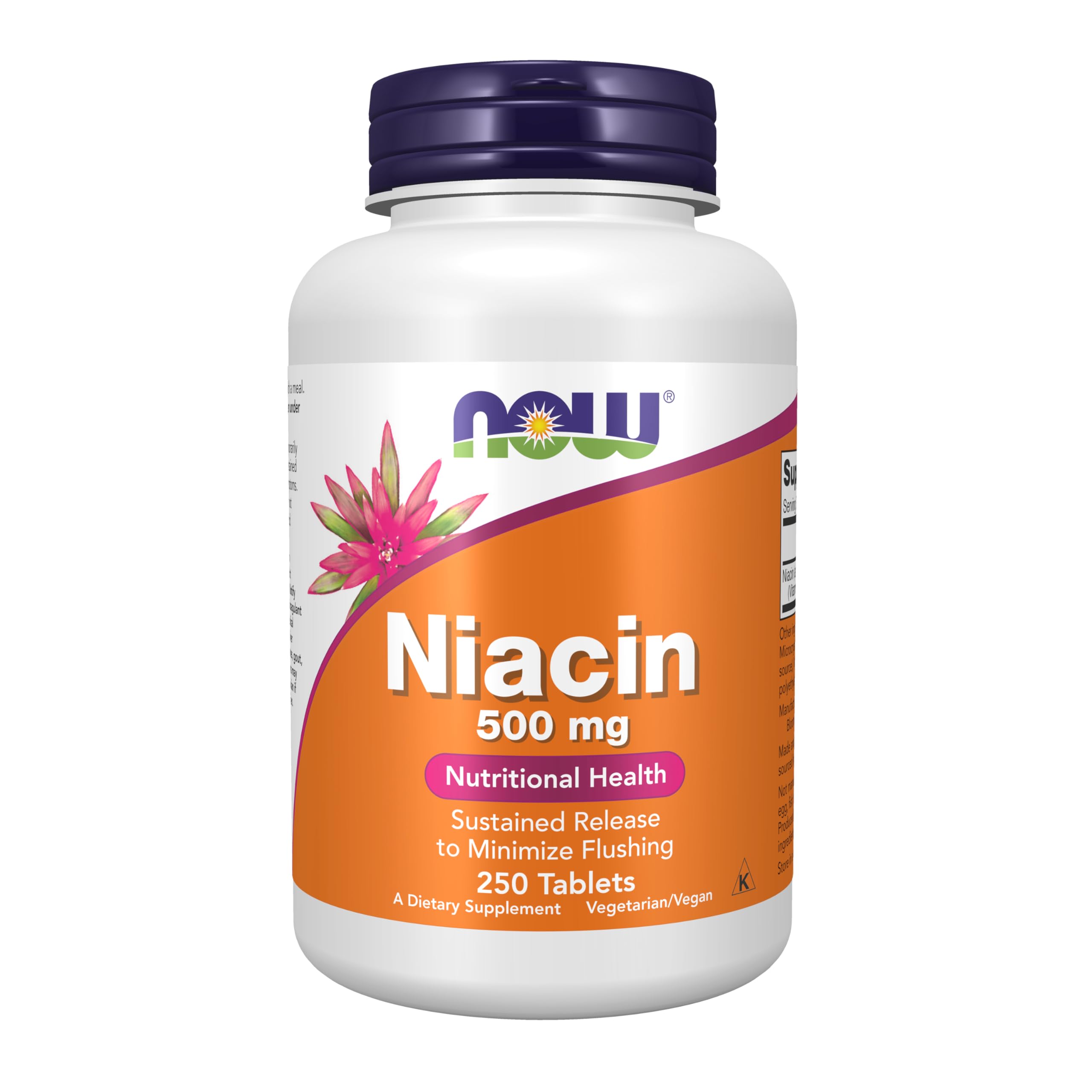 NOW Foods frasco frontal mostrando niacina 500 mg y cantidad