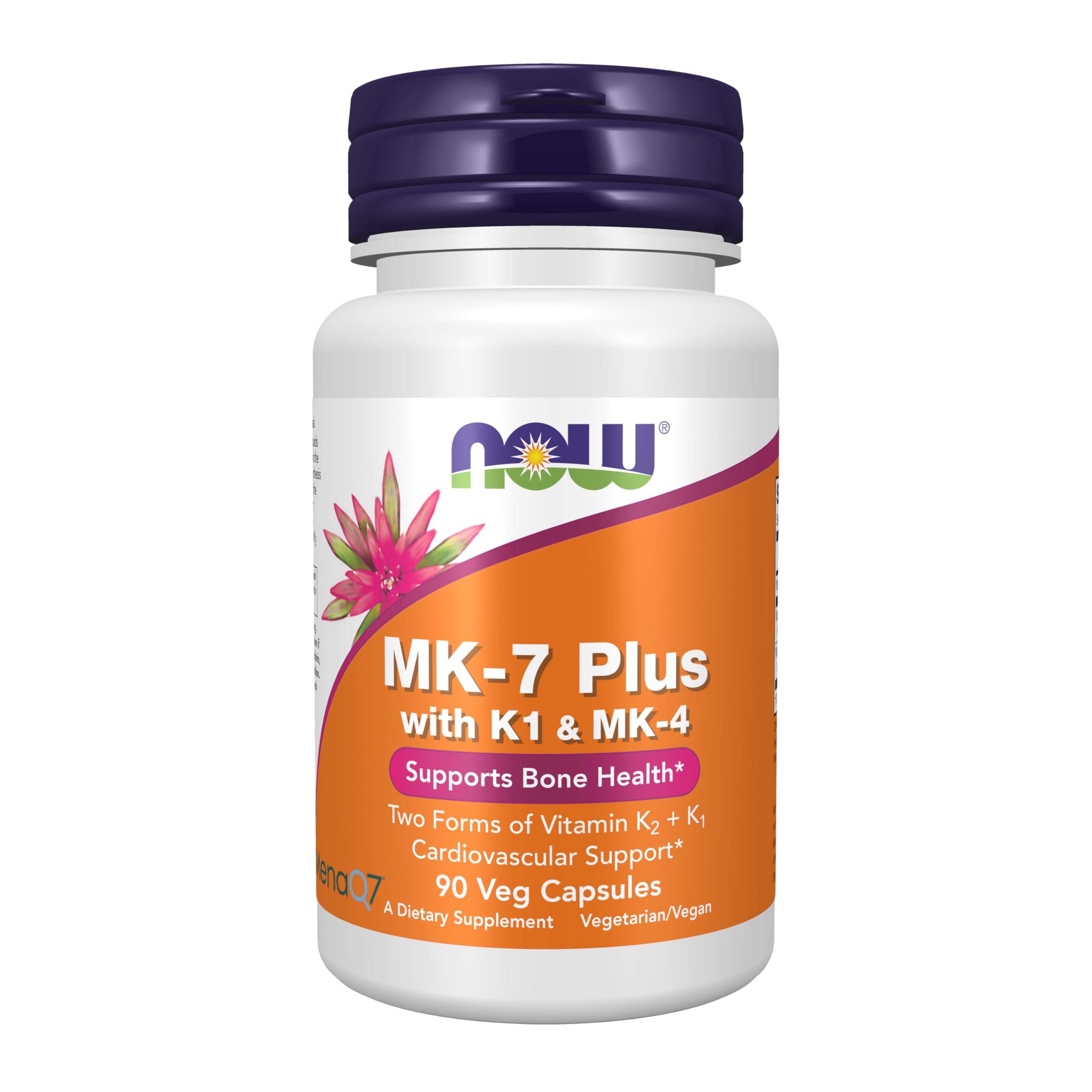 NOW Foods frente del producto MK-7 Plus mostrando envase y beneficios