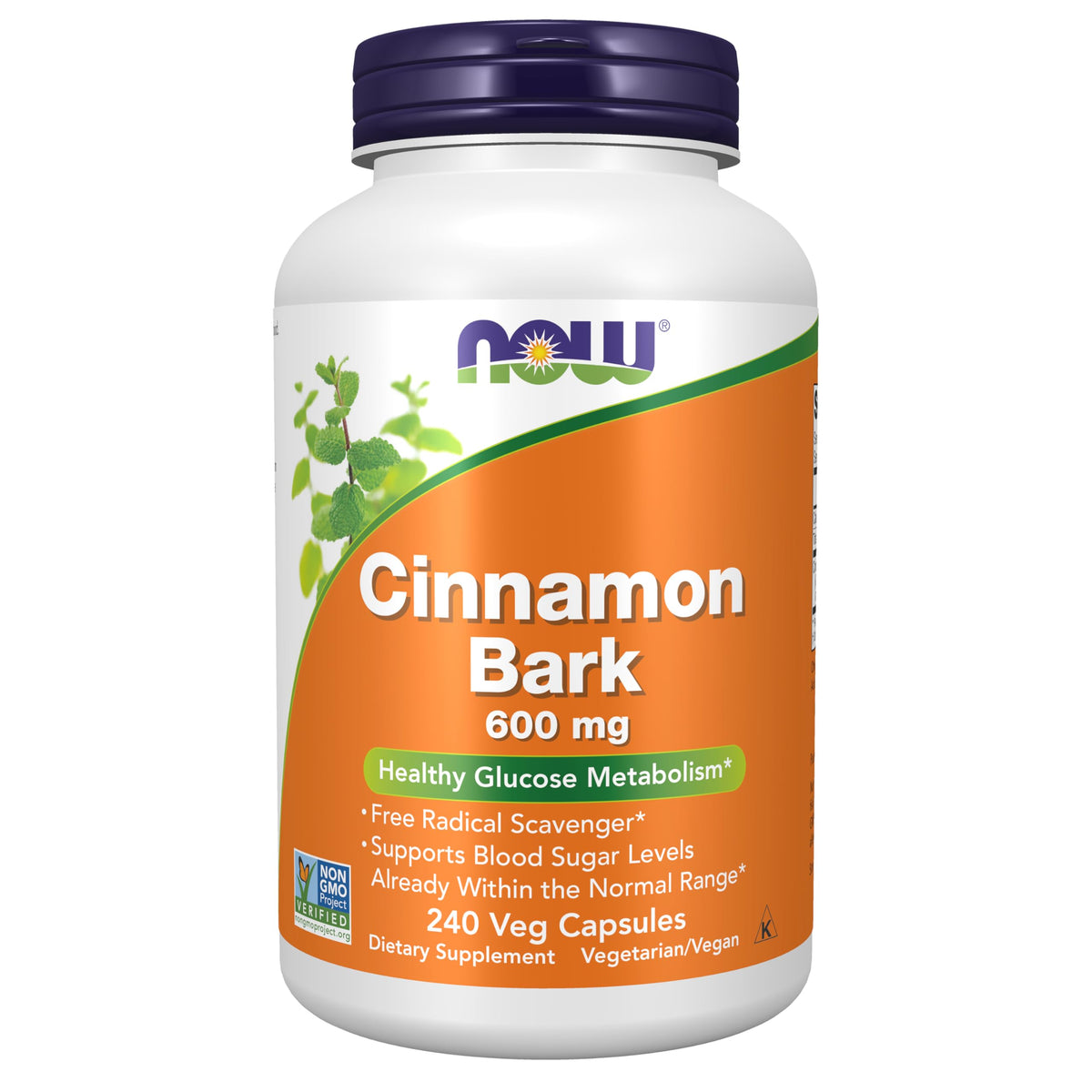 NOW Foods envase frontal de Cinnamon Bark mostrando gran cantidad y beneficios