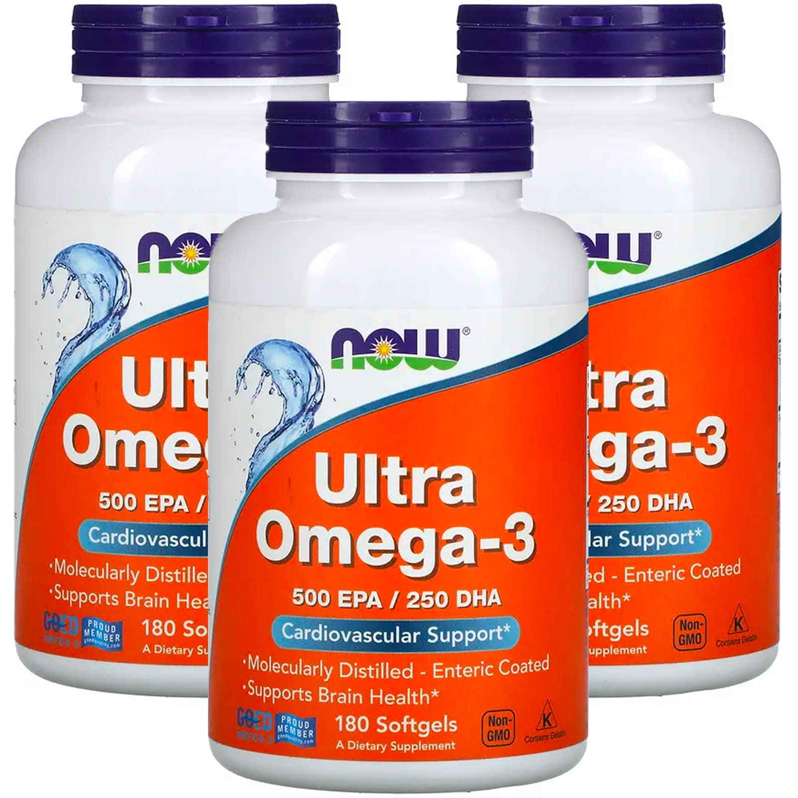 NOW Foods empaque frontal de Ultra Omega-3 mostrando 3 frascos y beneficios de pureza