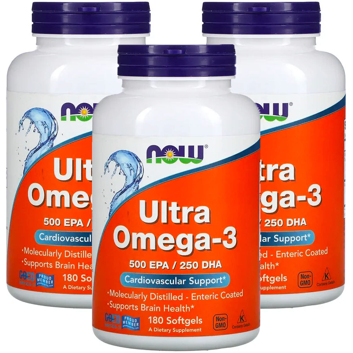 NOW Foods empaque frontal de Ultra Omega-3 mostrando 3 frascos y beneficios de pureza