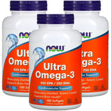 NOW Foods empaque frontal de Ultra Omega-3 mostrando 3 frascos y beneficios de pureza