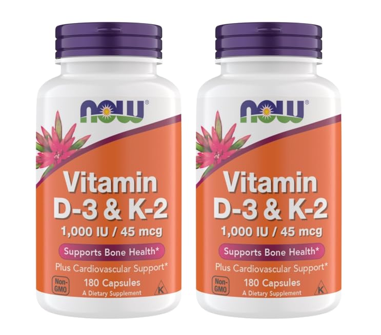 NOW Foods envase frontal de Vitamin D3 K2 mostrando etiqueta clara y beneficios