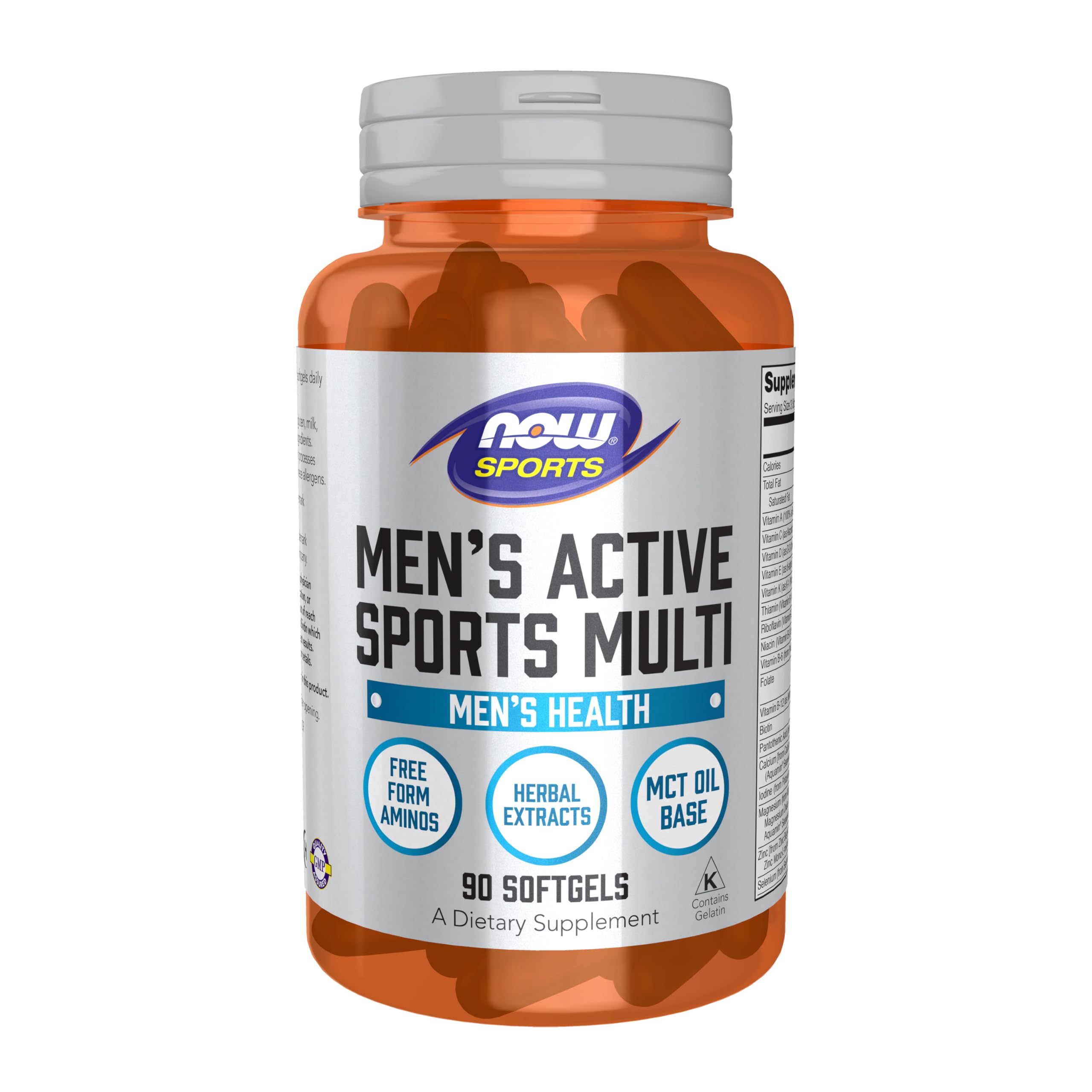 NOW Foods envase frontal mostrando 90 softgels y beneficios para deportistas