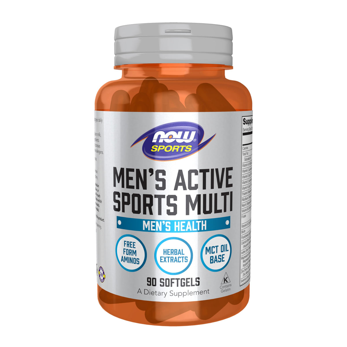 NOW Foods envase frontal mostrando 90 softgels y beneficios para deportistas