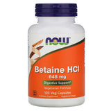 Now Foods envase frontal Betaine HCl y pepsina mostrando cantidad y presentación