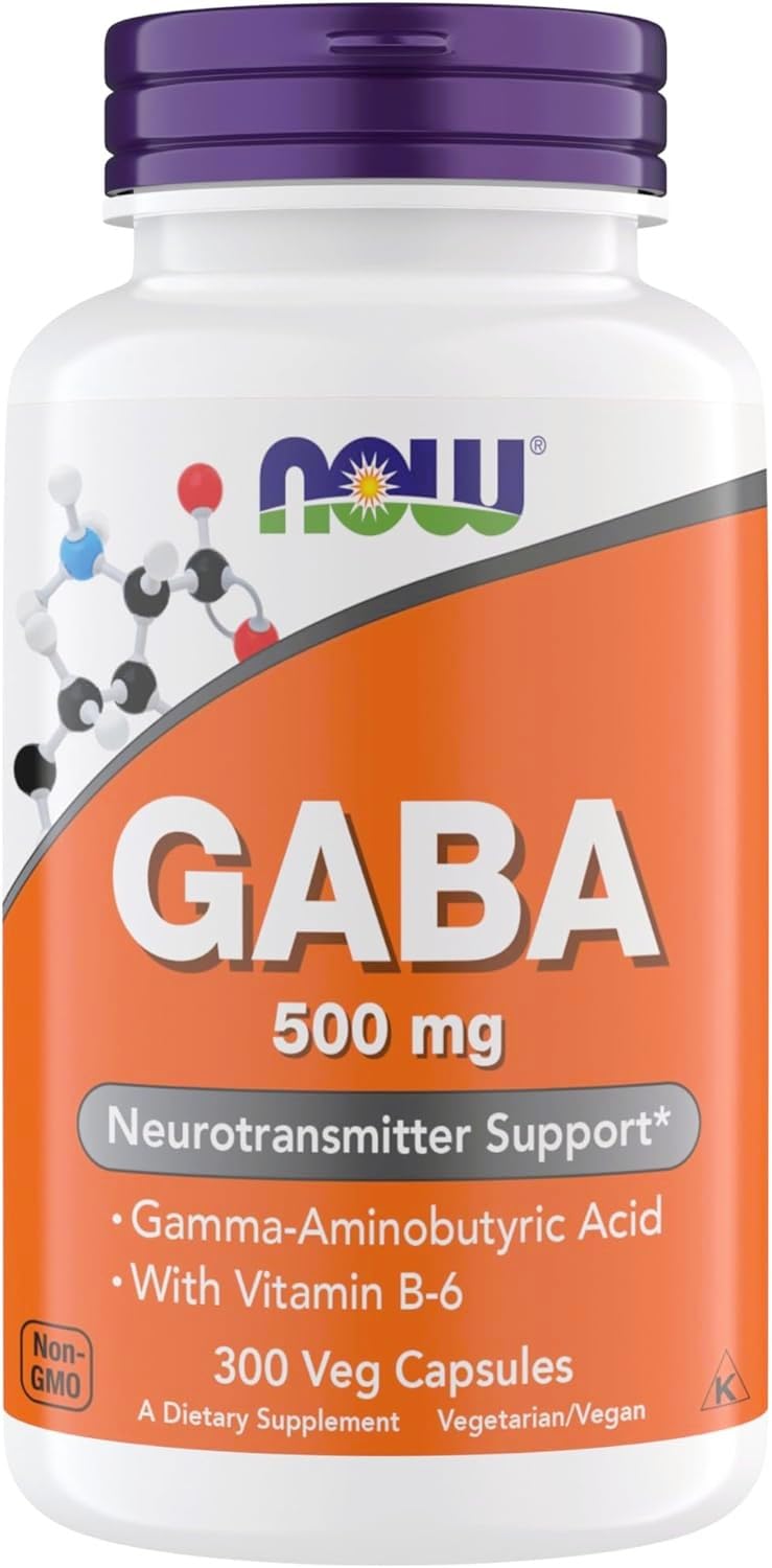 NOW Foods frasco frontal de GABA 300 cápsulas mostrando etiqueta clara y cantidad