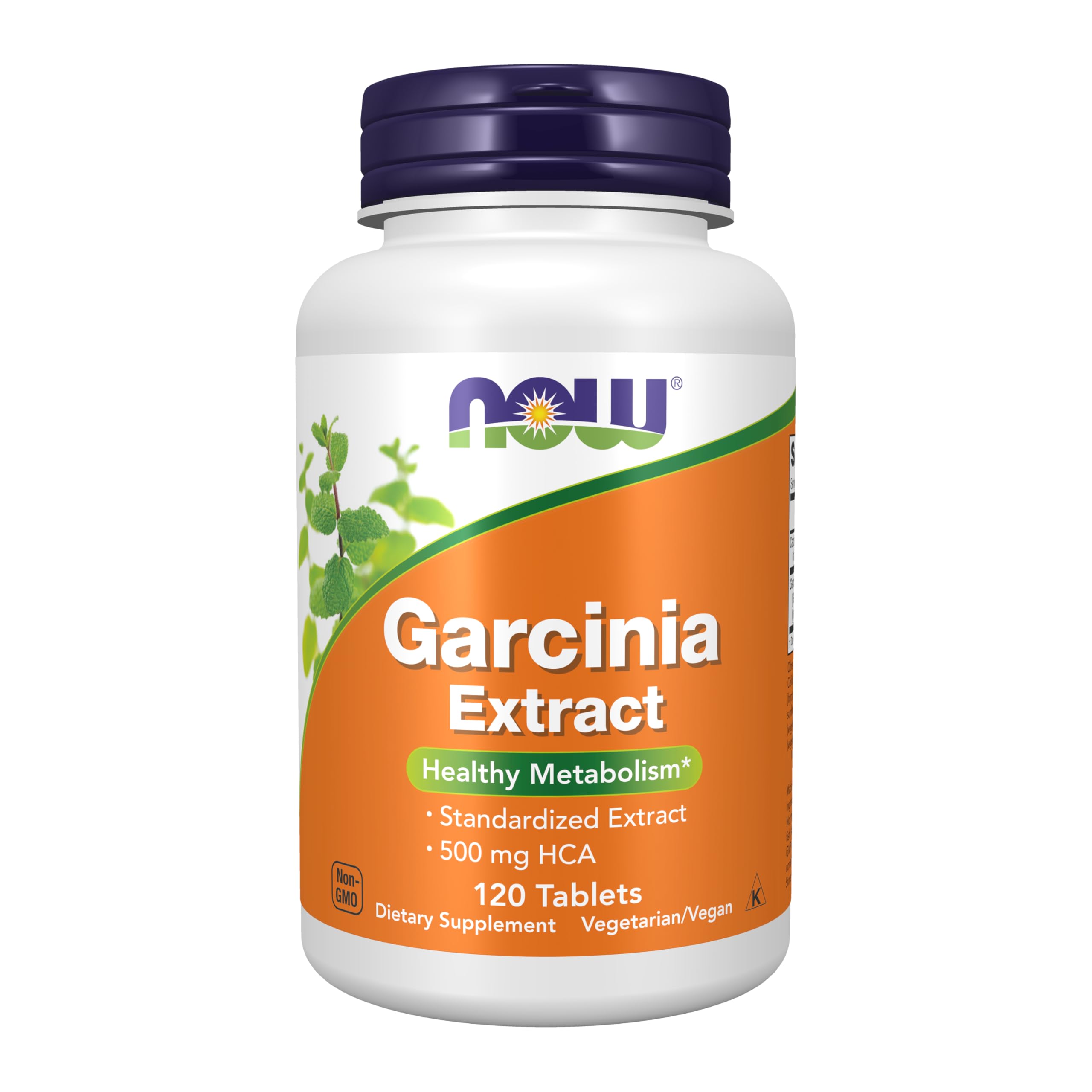 NOW Foods frasco frontal de Garcinia Cambogia mostrando 120 tabletas y etiqueta clara