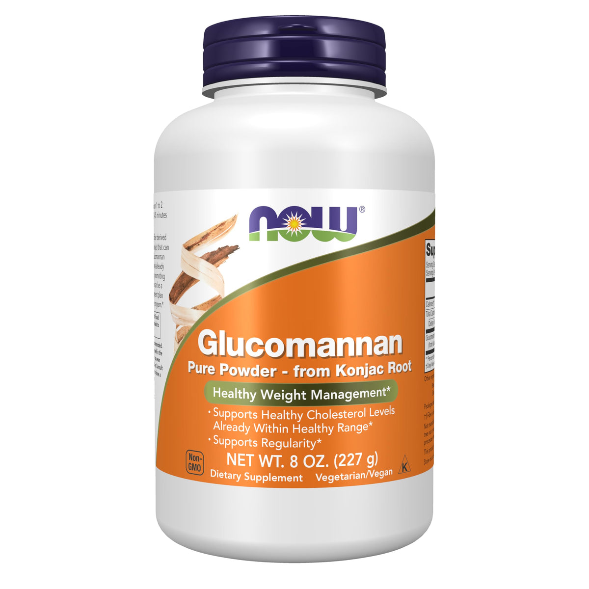 NOW Foods frasco frontal del glucomanano mostrando presentación y marca para confianza
