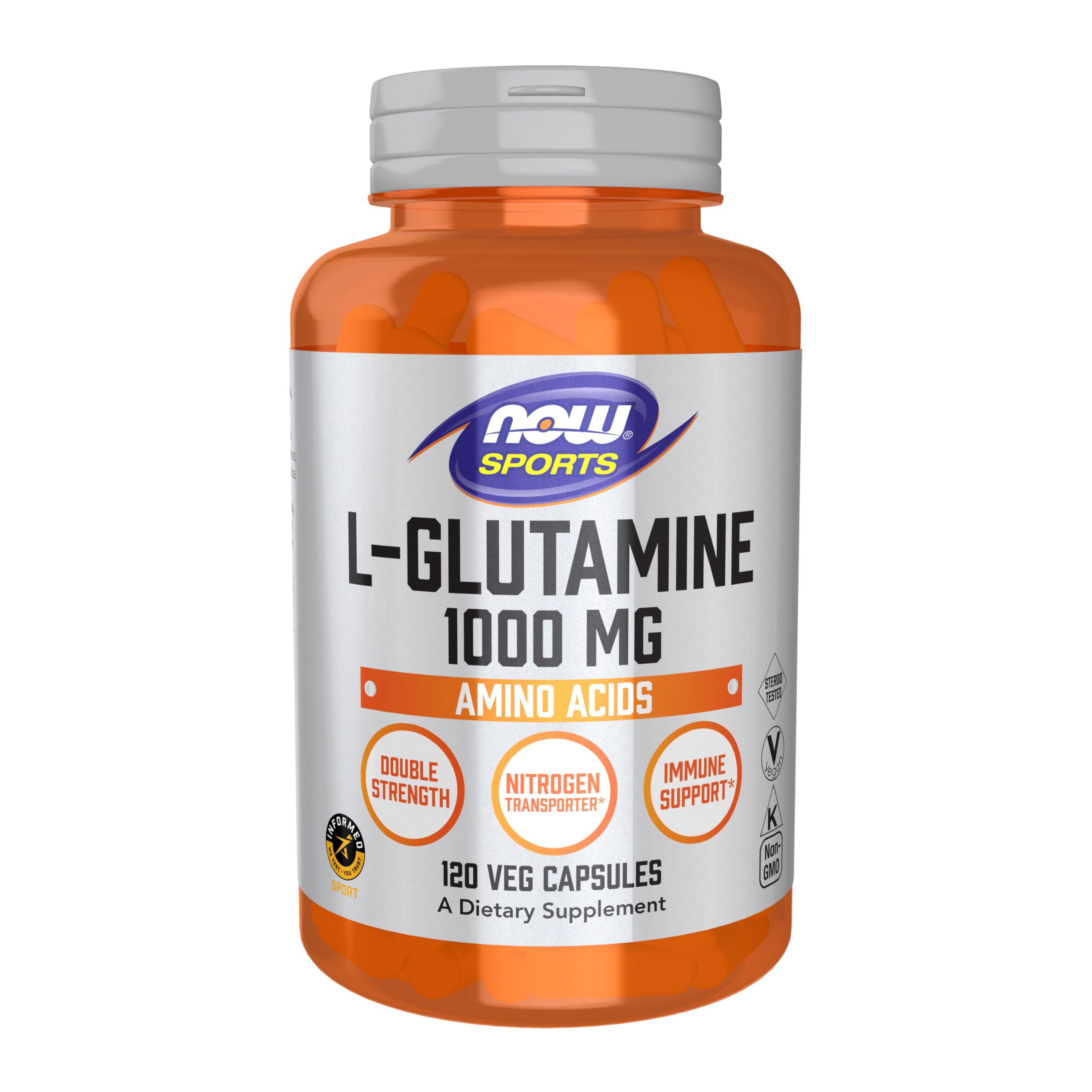 NOW Foods envase frontal mostrando L-Glutamine fuerza doble y conveniencia