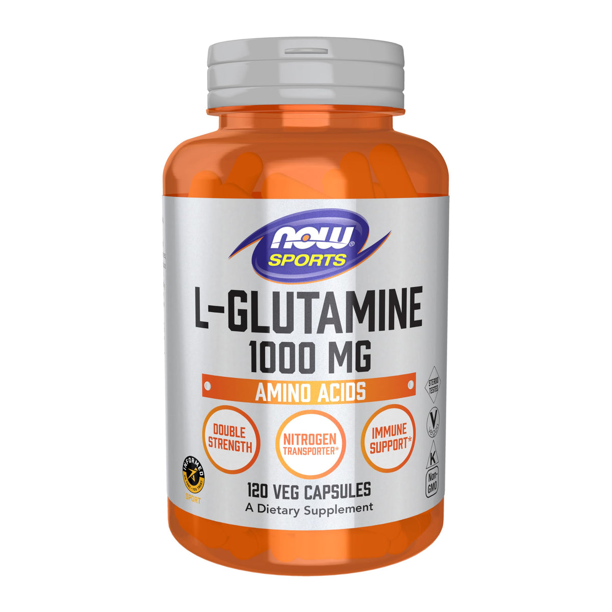 NOW Foods envase frontal mostrando L-Glutamine fuerza doble y conveniencia