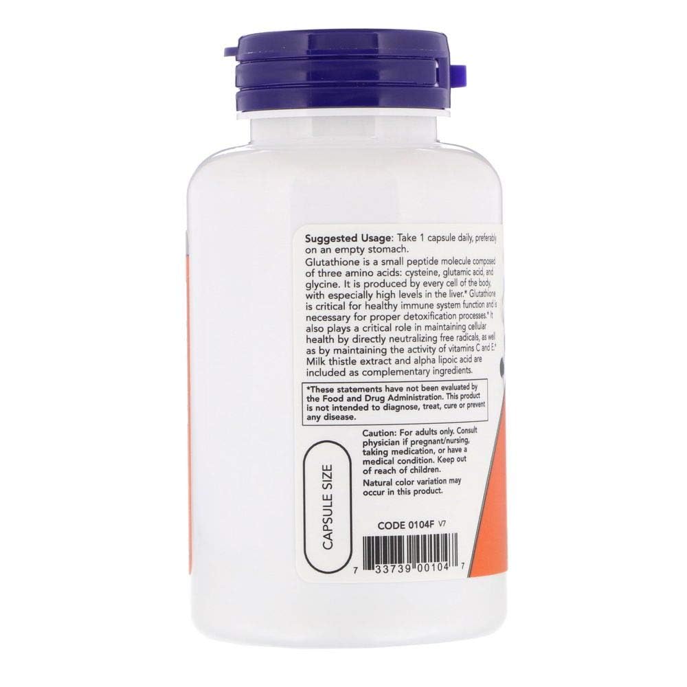 Envase abierto con cápsulas de NOW Foods Glutathione para fácil dosificación