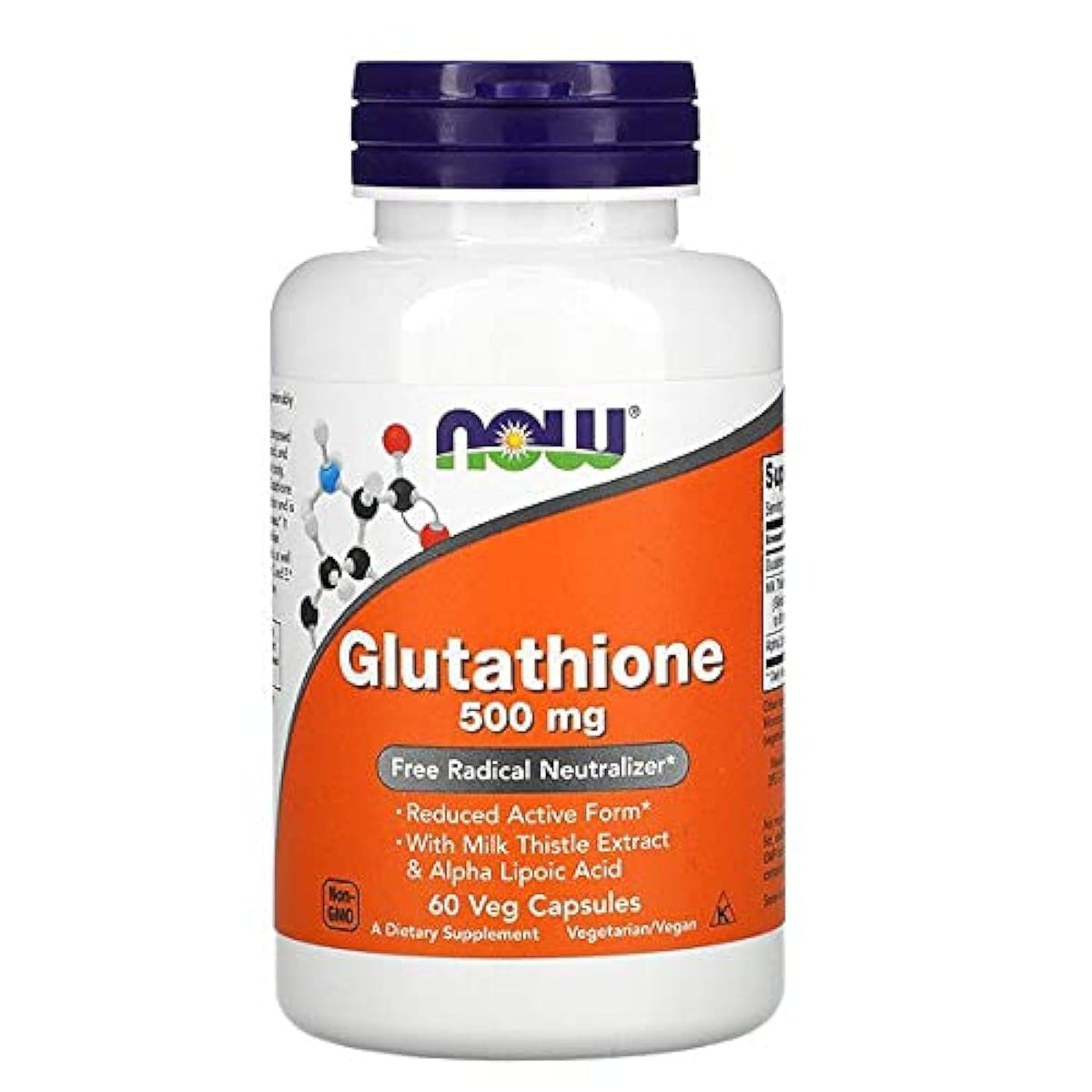 NOW Foods frasco frontal mostrando Glutathione 500 mg y etiqueta clara
