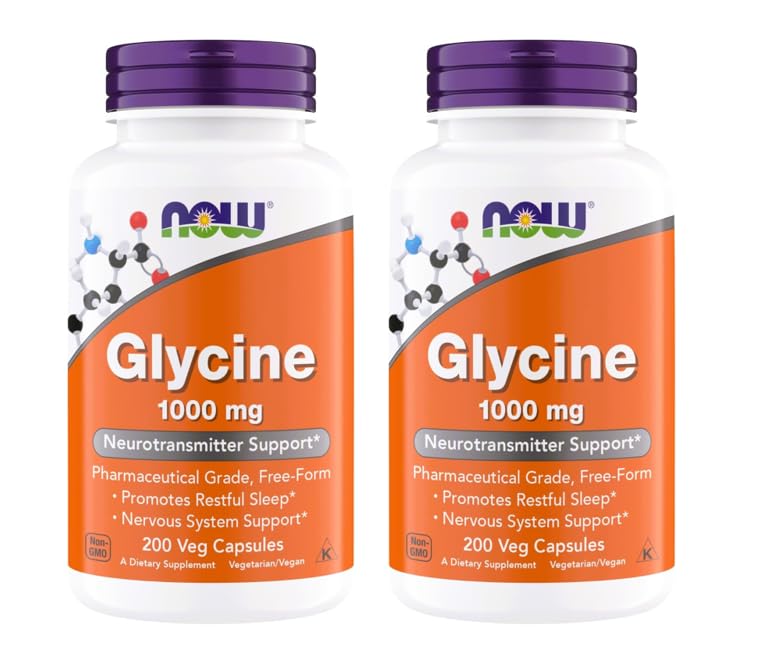 NOW Foods botella frontal mostrando glicina 1000 mg y beneficios