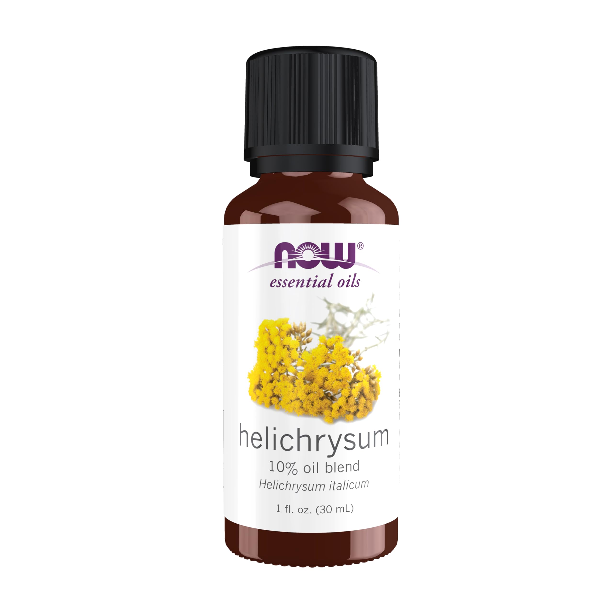 NOW Foods frasco frontal de Helichrysum mostrando etiqueta y tapa segura