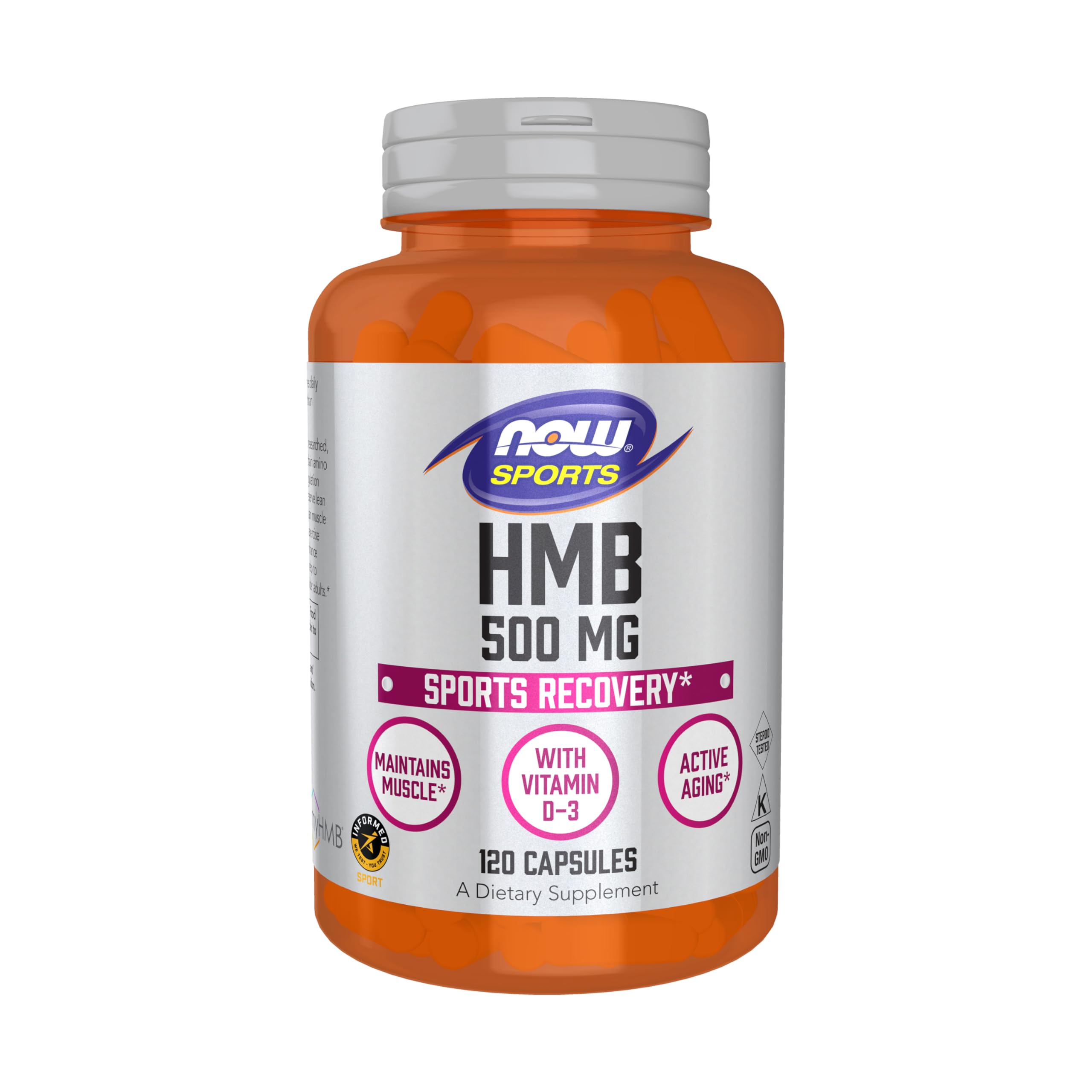 NOW Foods HMB frente del envase mostrando 120 cápsulas y beneficios