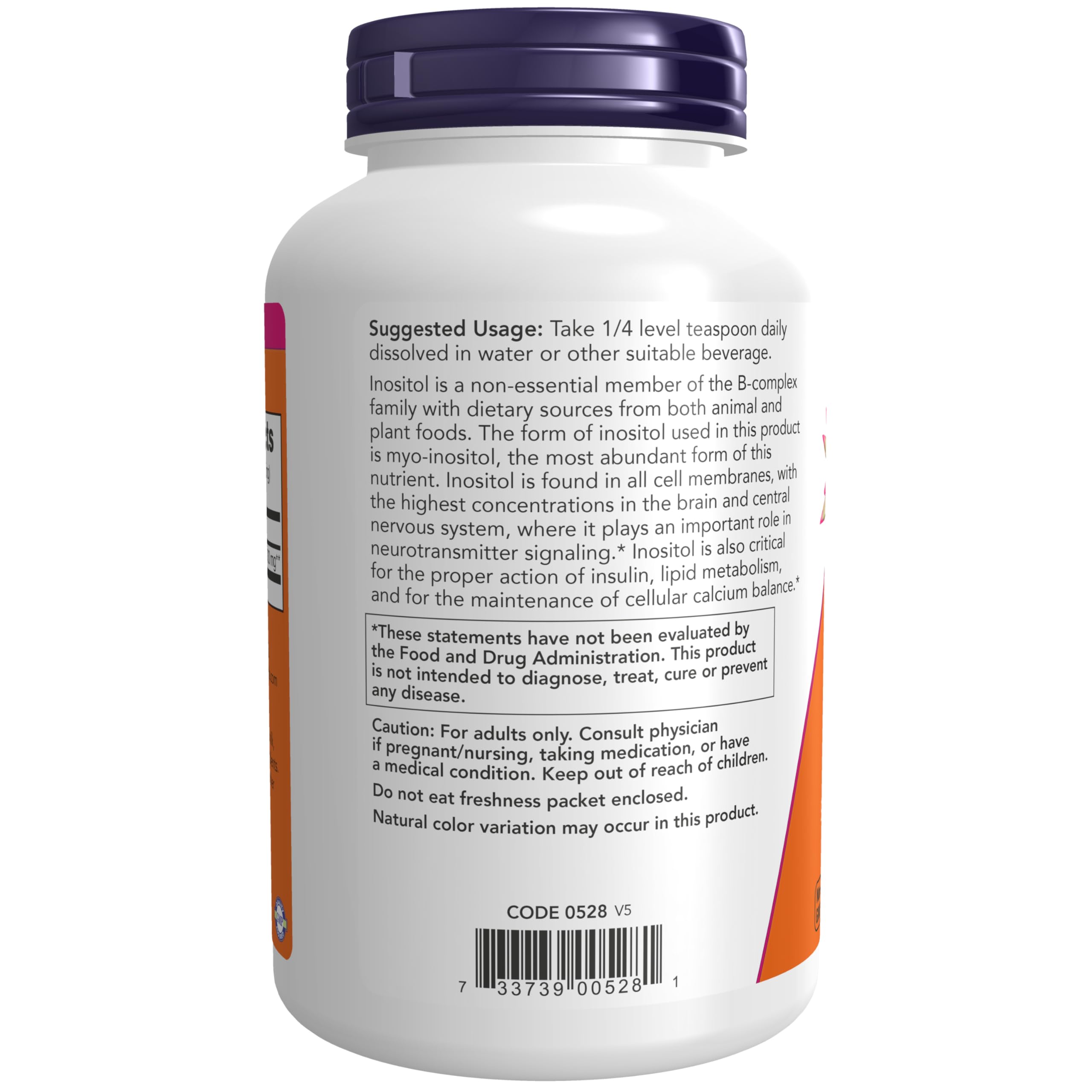 NOW Foods primer plano de la textura del polvo de inositol, fácil de disolver