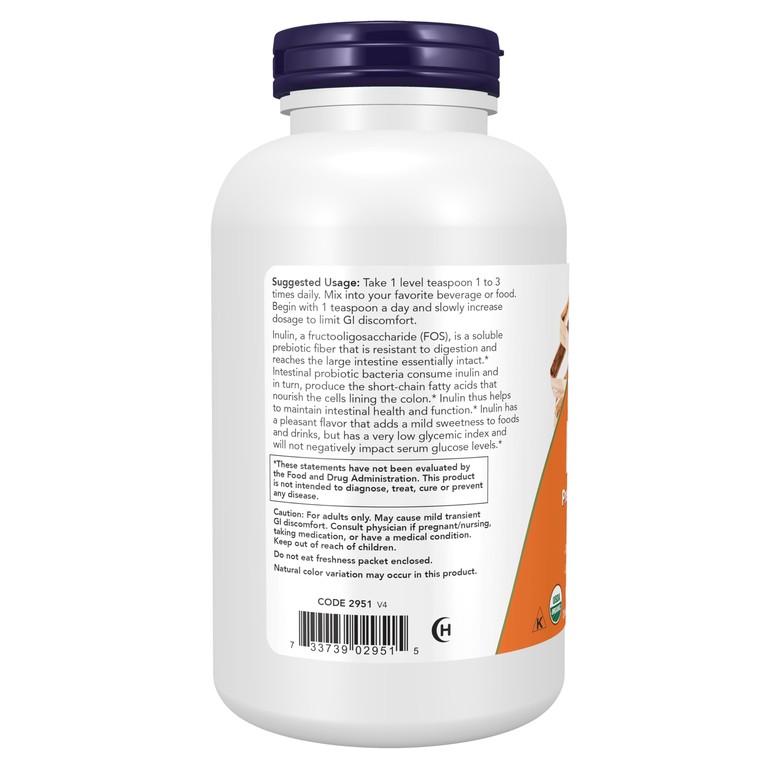 NOW Foods cucharada de inulina vertida en batido para añadir fibra prebiótica