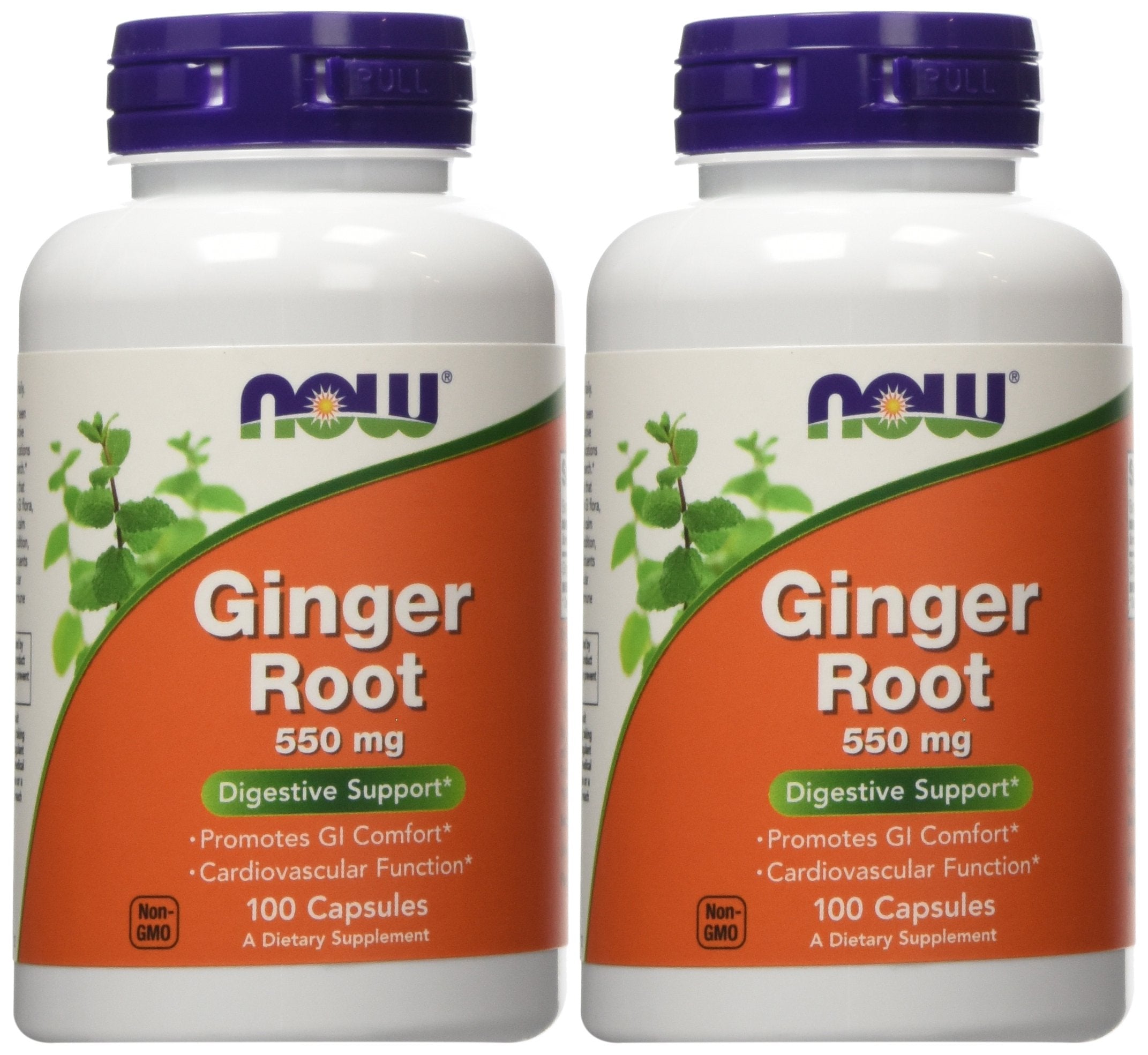 NOW Foods frasco de jengibre 550 mg vista frontal con etiquetado claro y comodidad