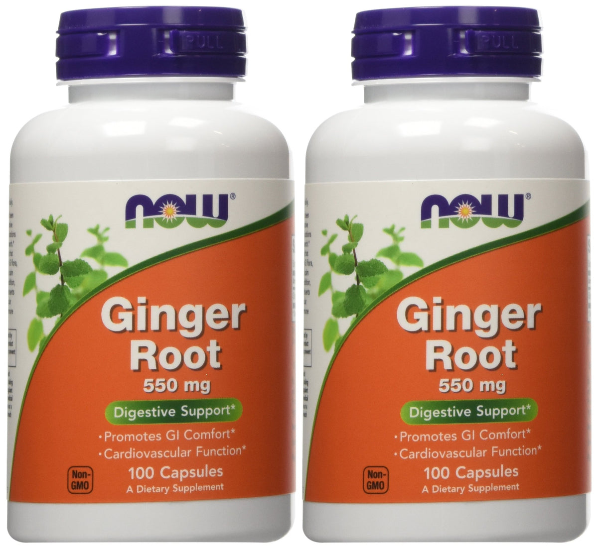 NOW Foods frasco de jengibre 550 mg vista frontal con etiquetado claro y comodidad