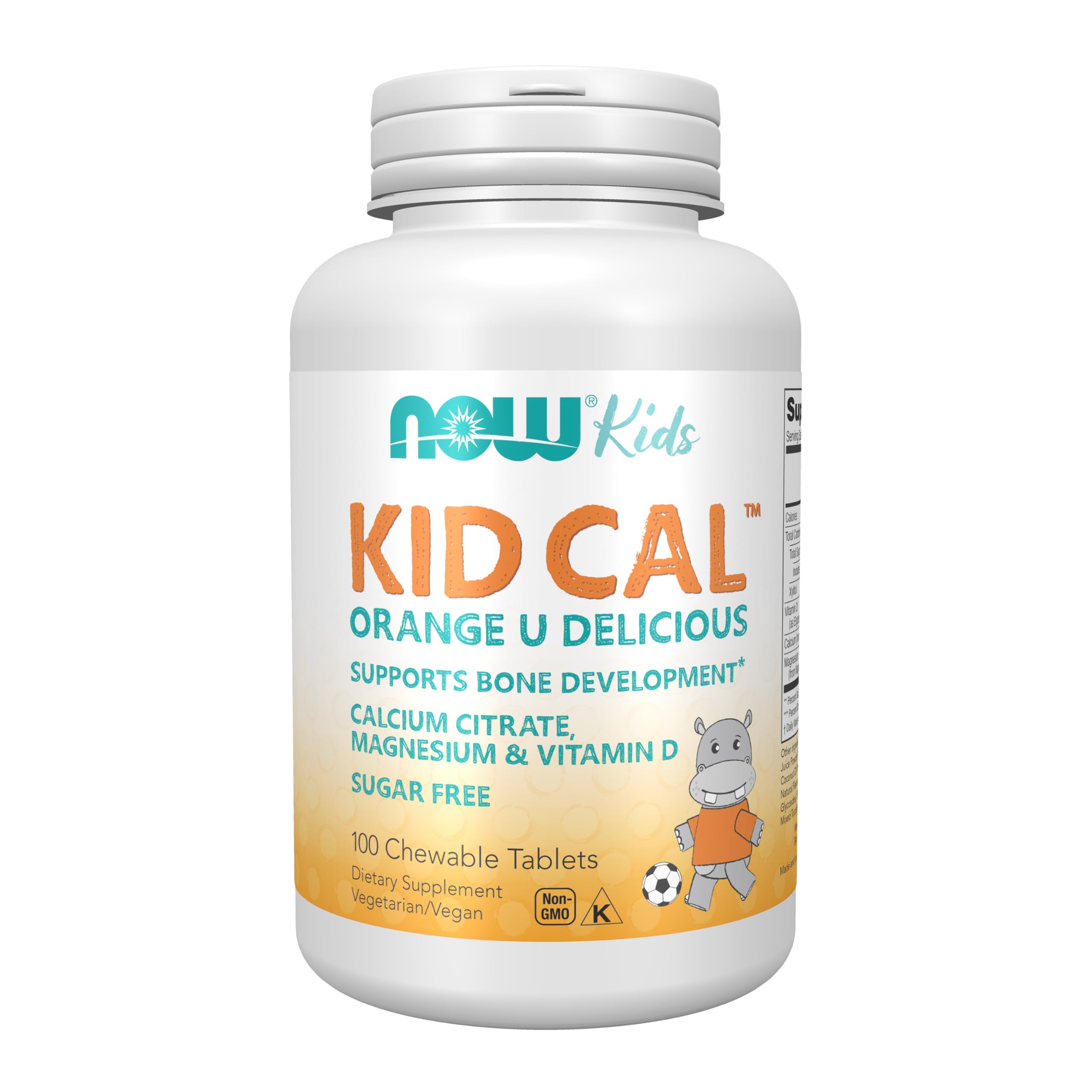 NOW Foods frasco Kid Cal masticables frente y beneficio visibilidad