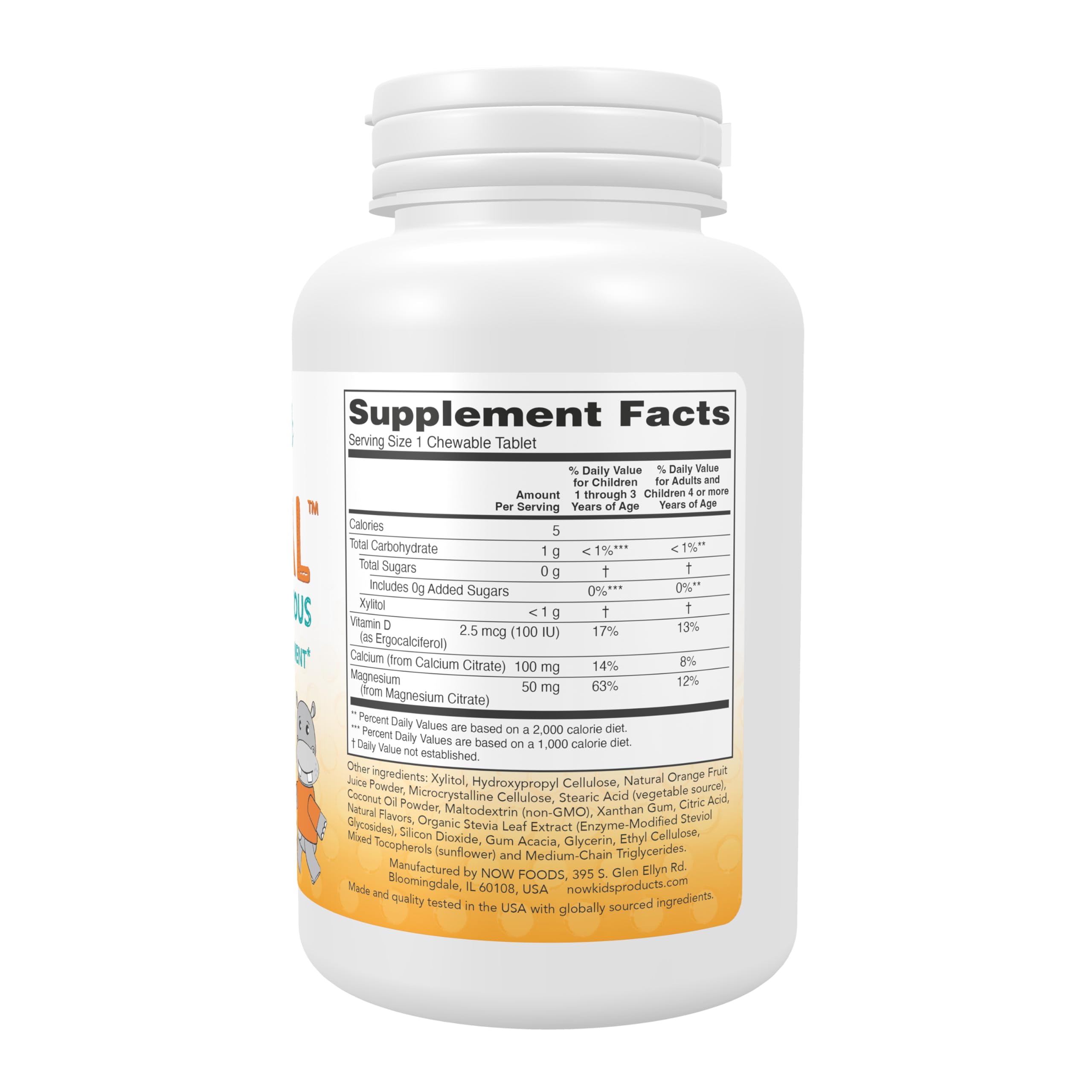 NOW Foods masticables Kid Cal primer plano mostrando textura y atractivo