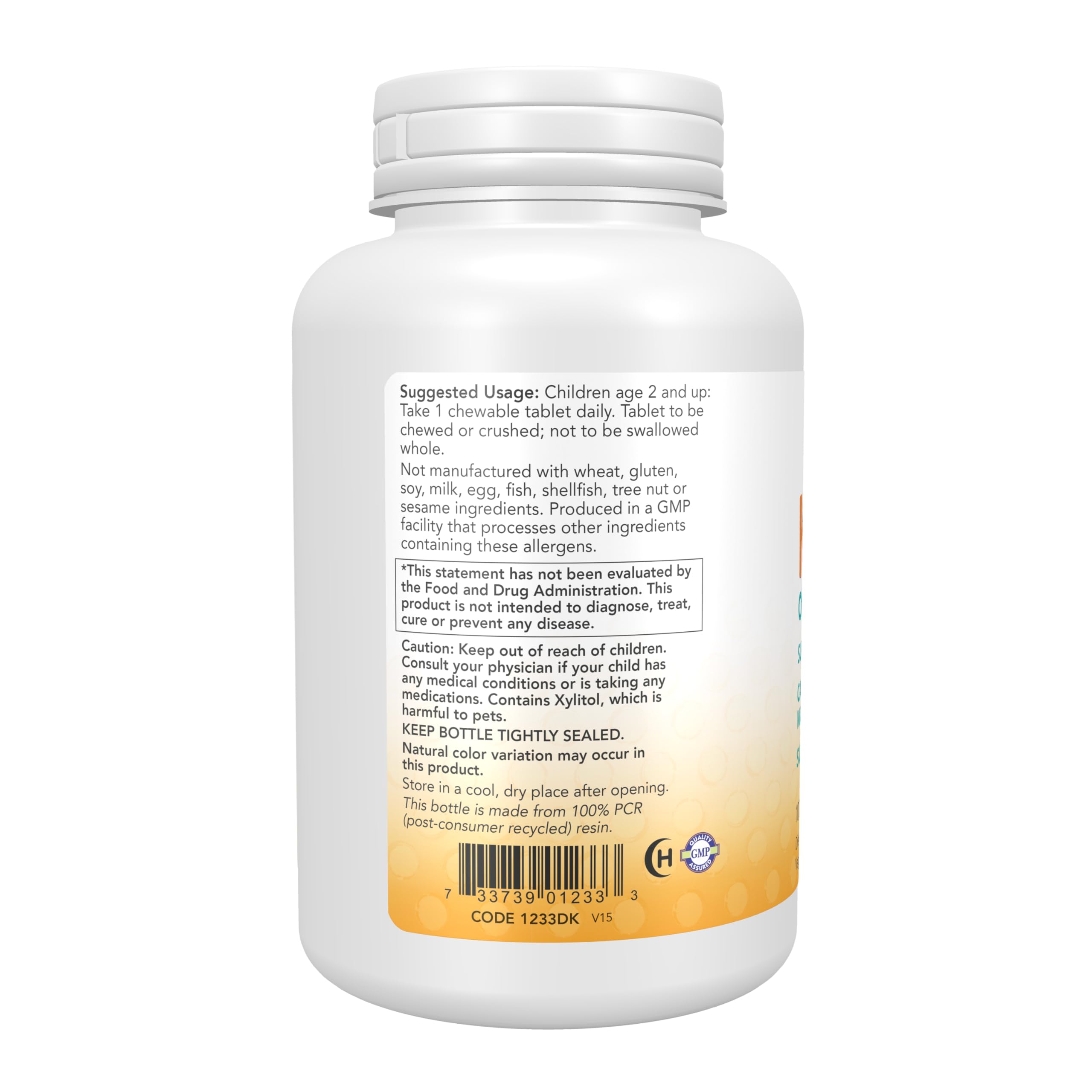 NOW Foods masticables Kid Cal color naranja mostrando sabor y apariencia
