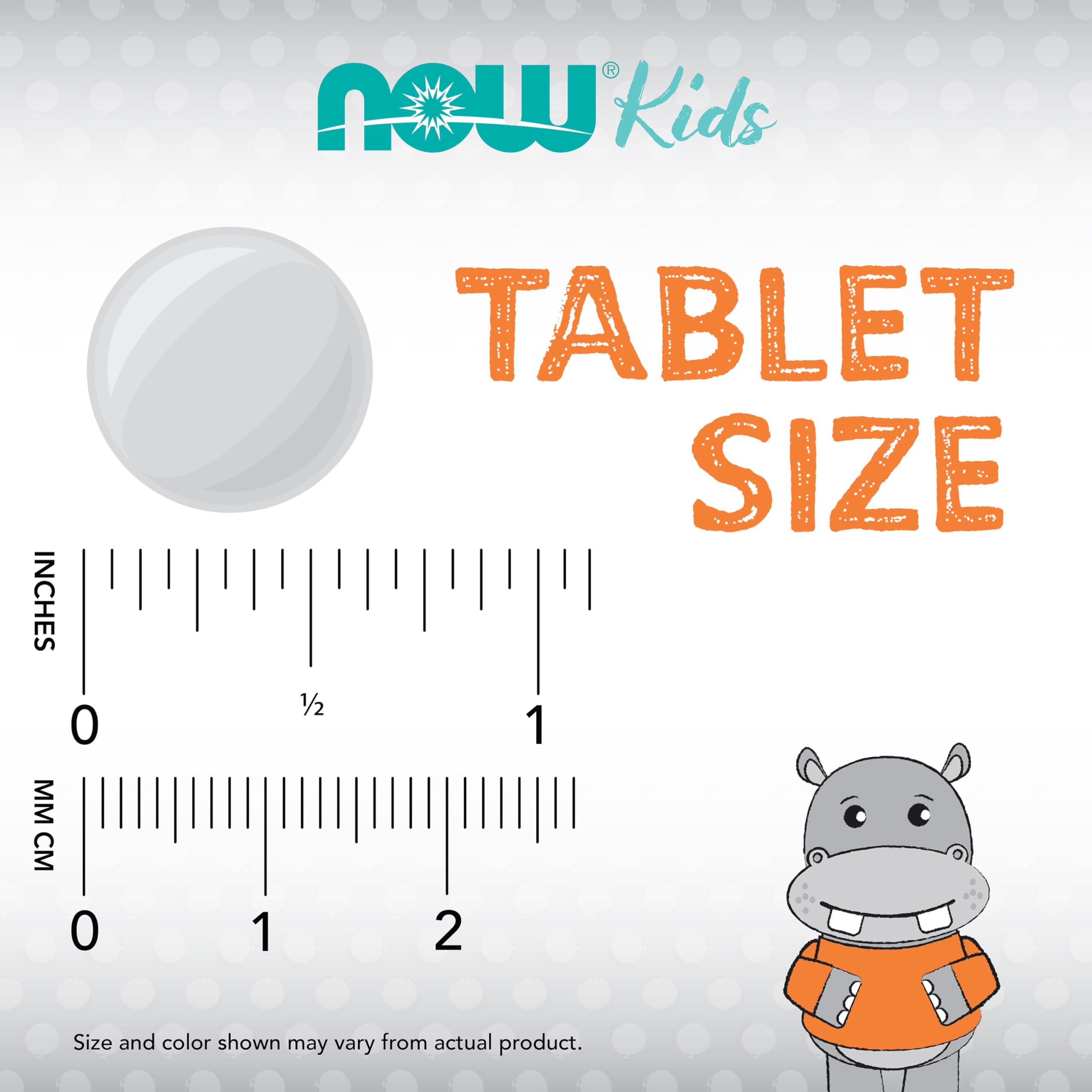 NOW Foods masticables Kid Cal en mano infantil demostrando tamaño y facilidad