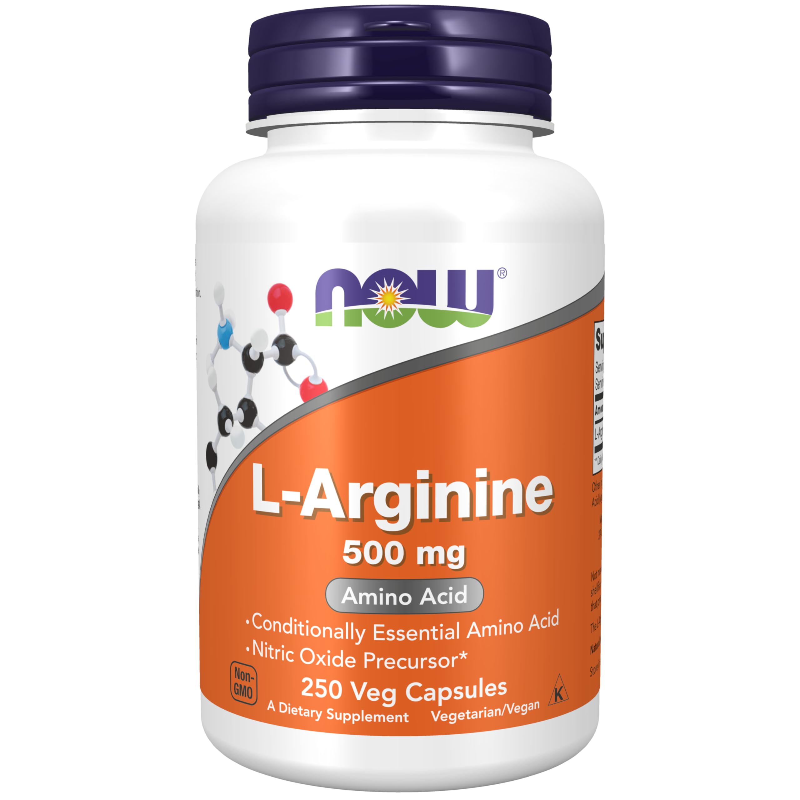 NOW Foods frasco delantero de L-Arginine 500 mg mostrando etiqueta y cantidad